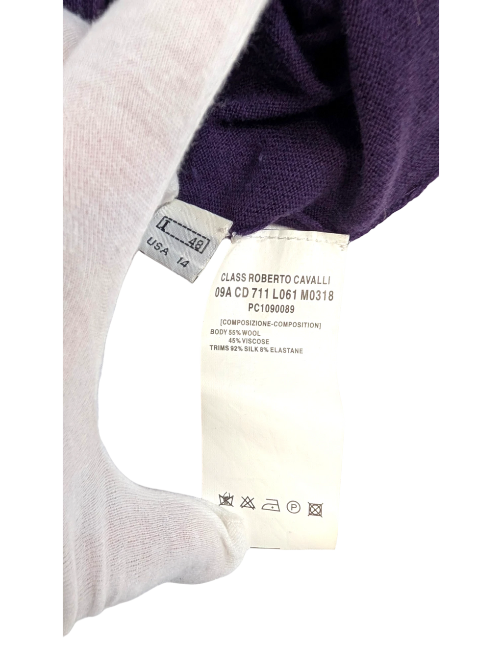 JAKE & IPI Class Roberto Cavalli deep purple wool-viscose blend knit cardigan with silk ruffle trim and three-quarter sleeves.