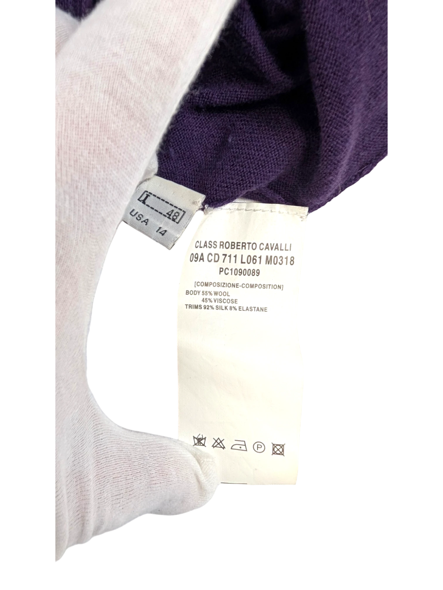 JAKE & IPI Class Roberto Cavalli deep purple wool-viscose blend knit cardigan with silk ruffle trim and three-quarter sleeves.