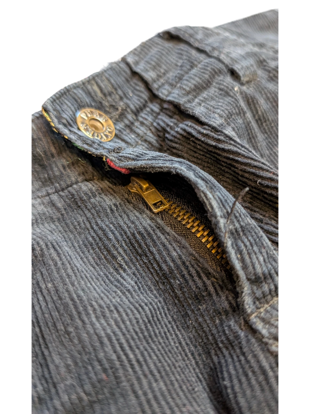JAKE & IPI dark grey corduroy cargo pants with brass zipper and button closure.