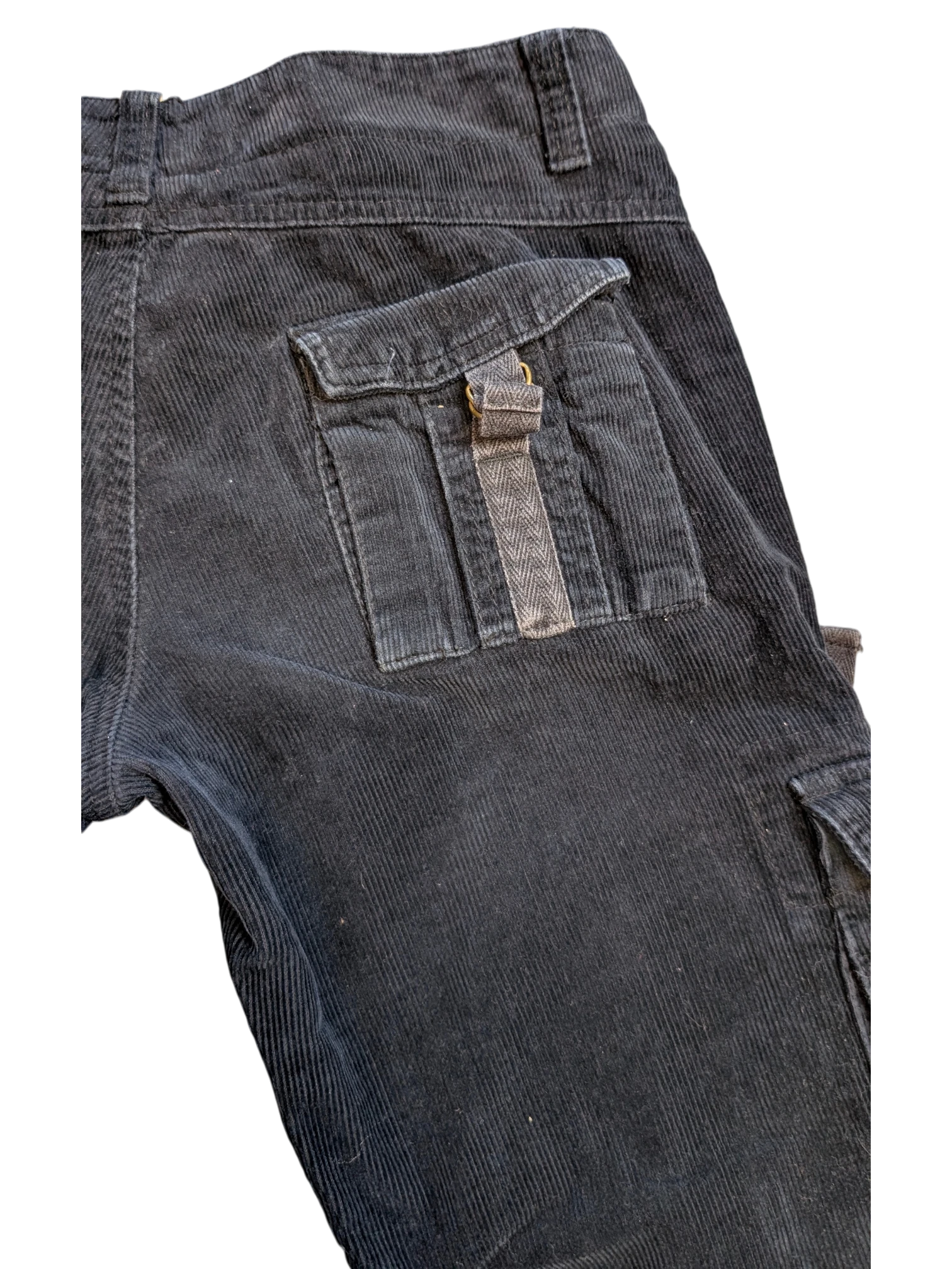 JAKE & IPI dark grey corduroy cargo pants with button flap pockets and herringbone trim detail.