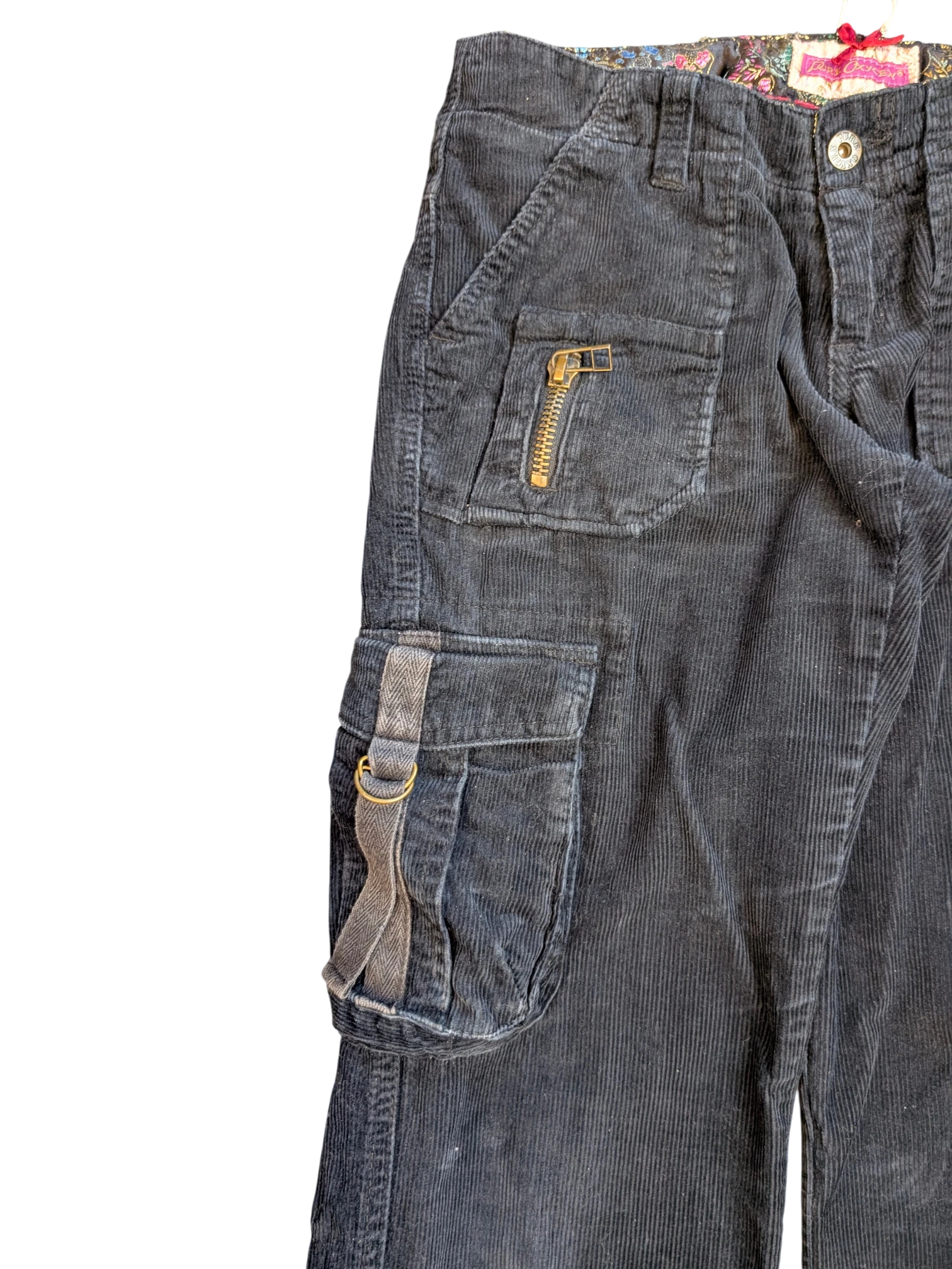 JAKE & IPI dark grey corduroy cargo pants with zip pocket and buckle strap detail.