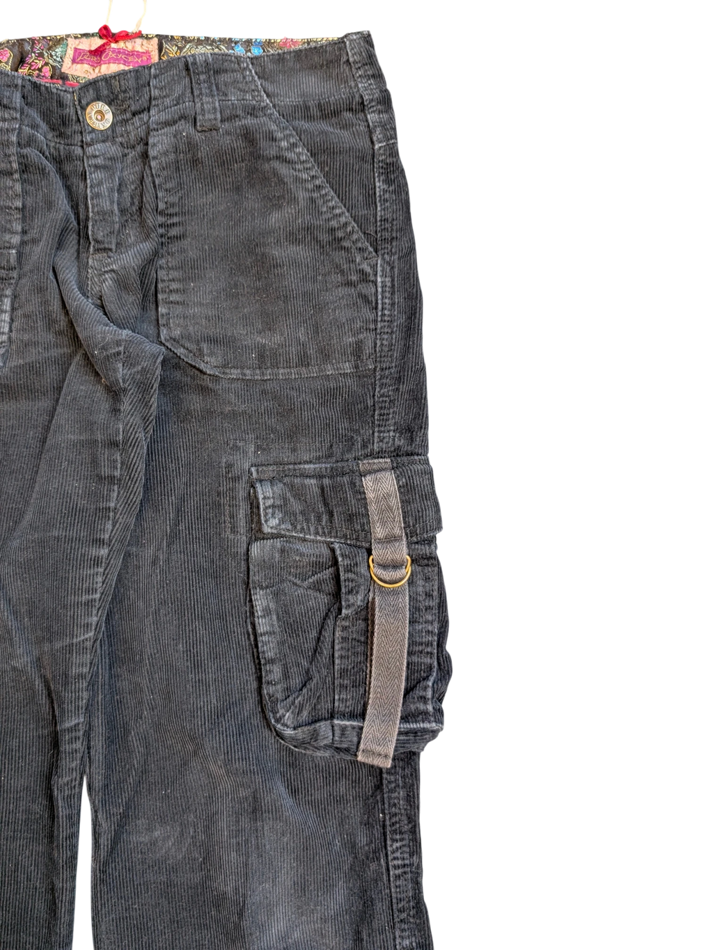 JAKE & IPI dark grey corduroy cargo pants with D-ring strap detail