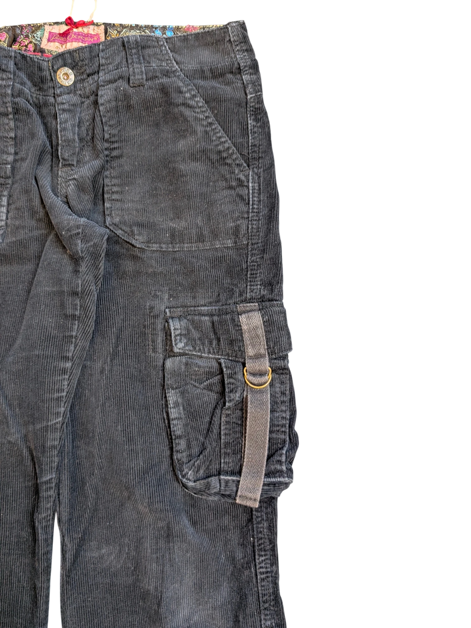 JAKE & IPI dark grey corduroy cargo pants with D-ring strap detail