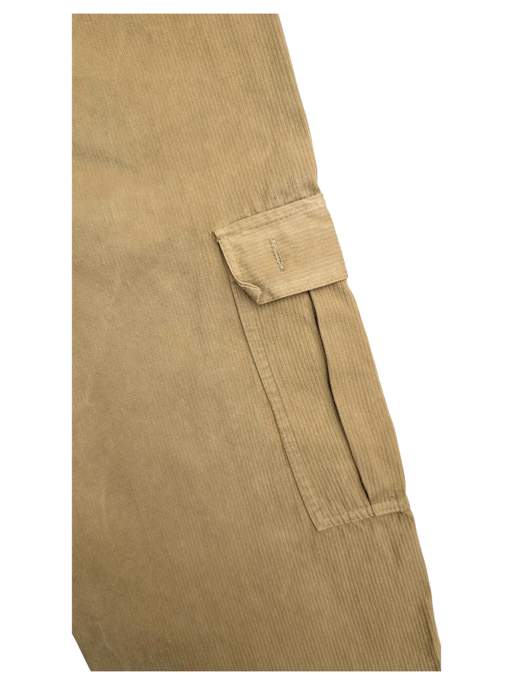 JAKE & IPI khaki corduroy cargo pants with a button flap pocket and pleated detailing.
