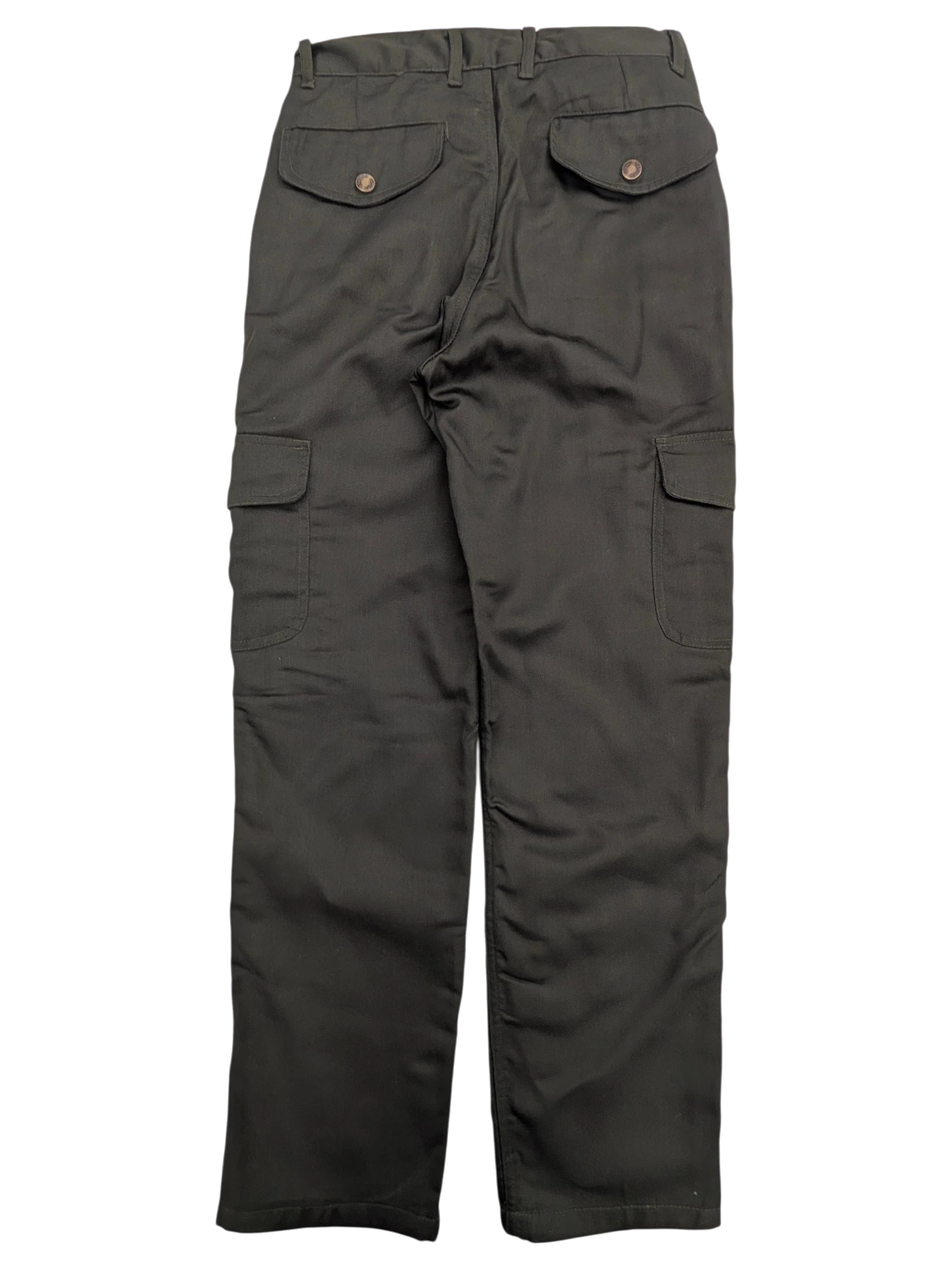 JAKE & IPI dark green cargo pants with button flap back pockets and side cargo pockets.