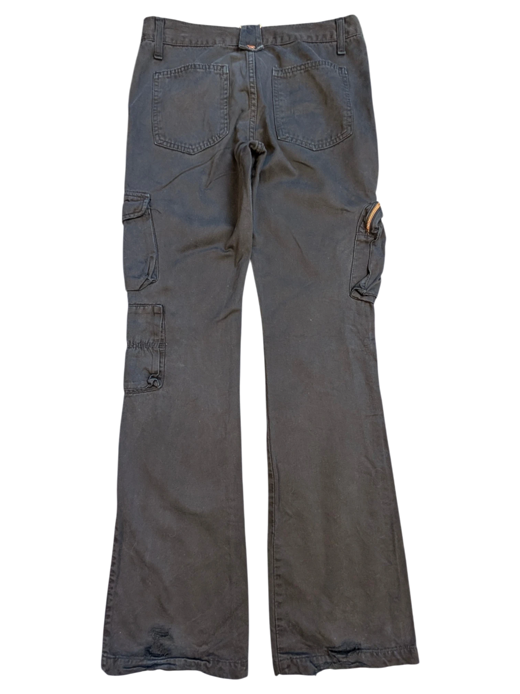 JAKE & IPI dark grey cargo pants with multiple pockets and a zippered pocket detail. Flared leg opening with distressed hem.