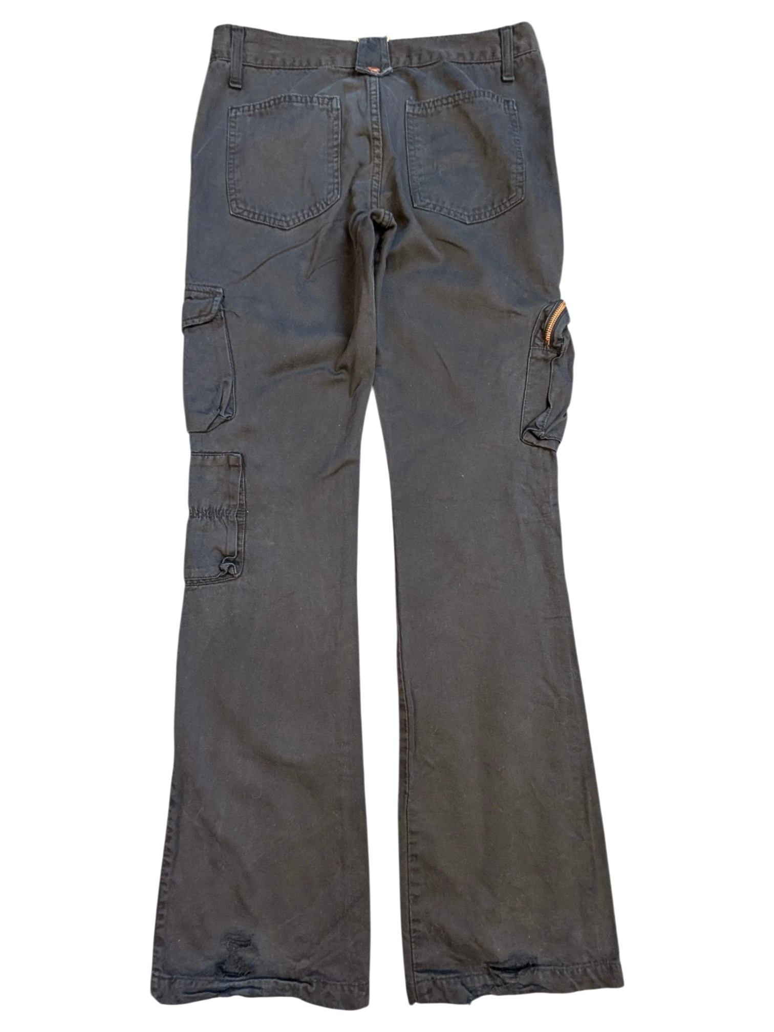JAKE & IPI dark grey cargo pants with multiple pockets and a zippered pocket detail. Flared leg opening with distressed hem.