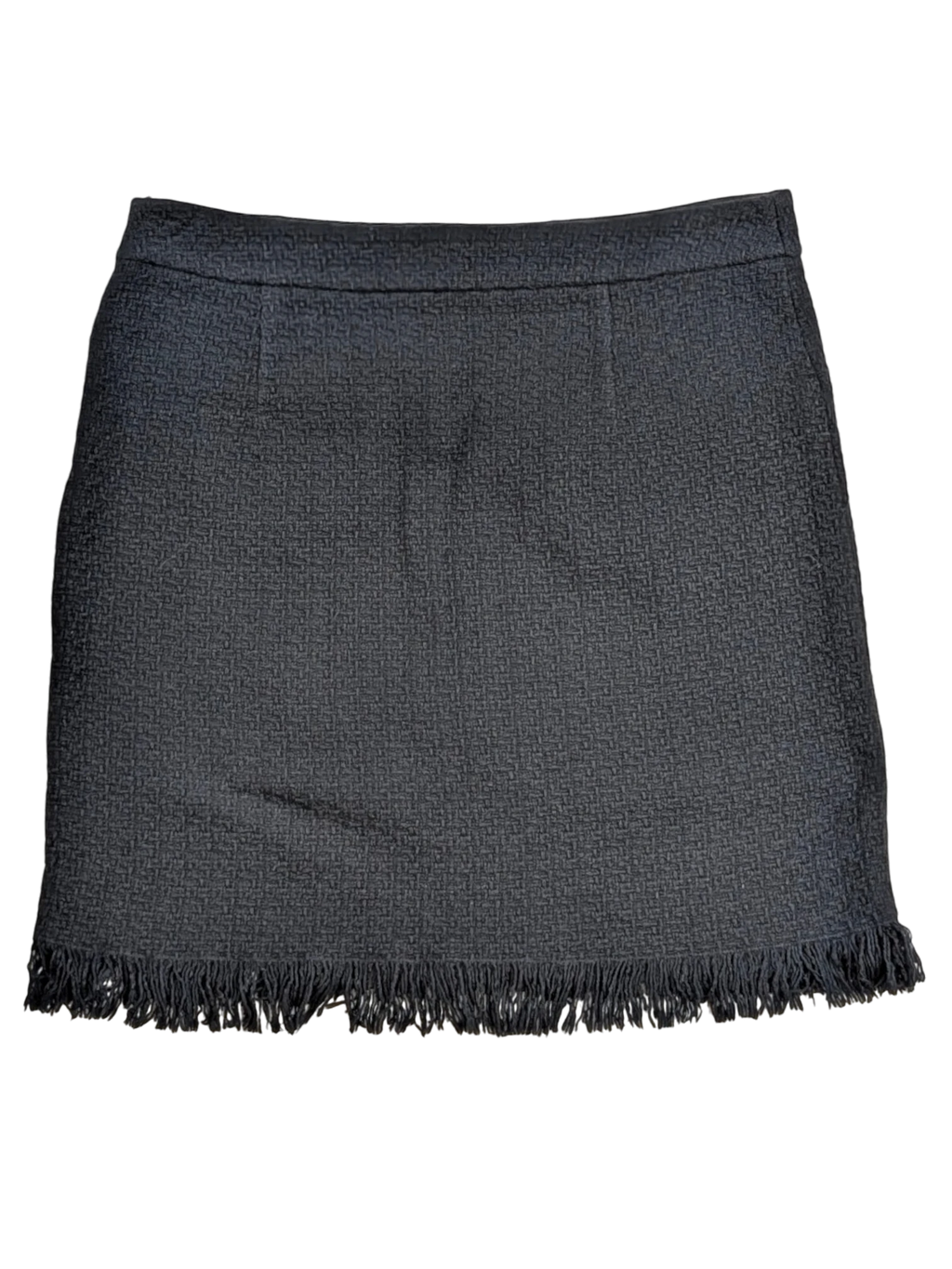 JAKE & IPI dark grey tweed mini skirt with fringe hem. Textured fabric, mid-rise waist, 2019 collection.