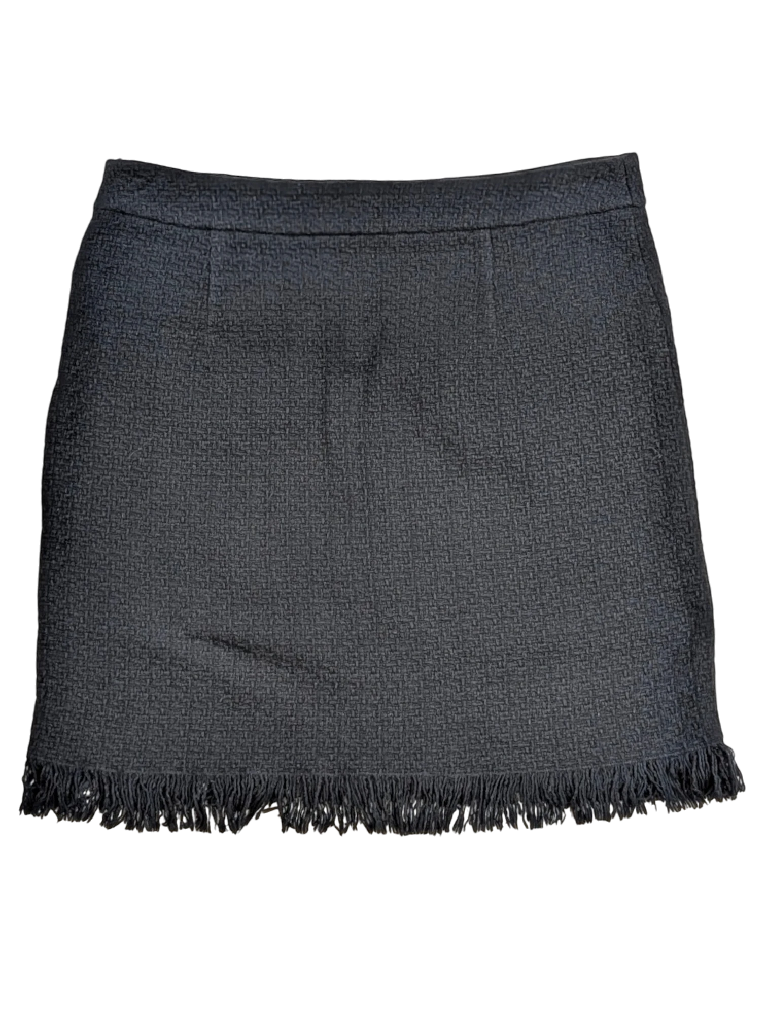 JAKE & IPI dark grey tweed mini skirt with fringe hem. Textured fabric, mid-rise waist, 2019 collection.