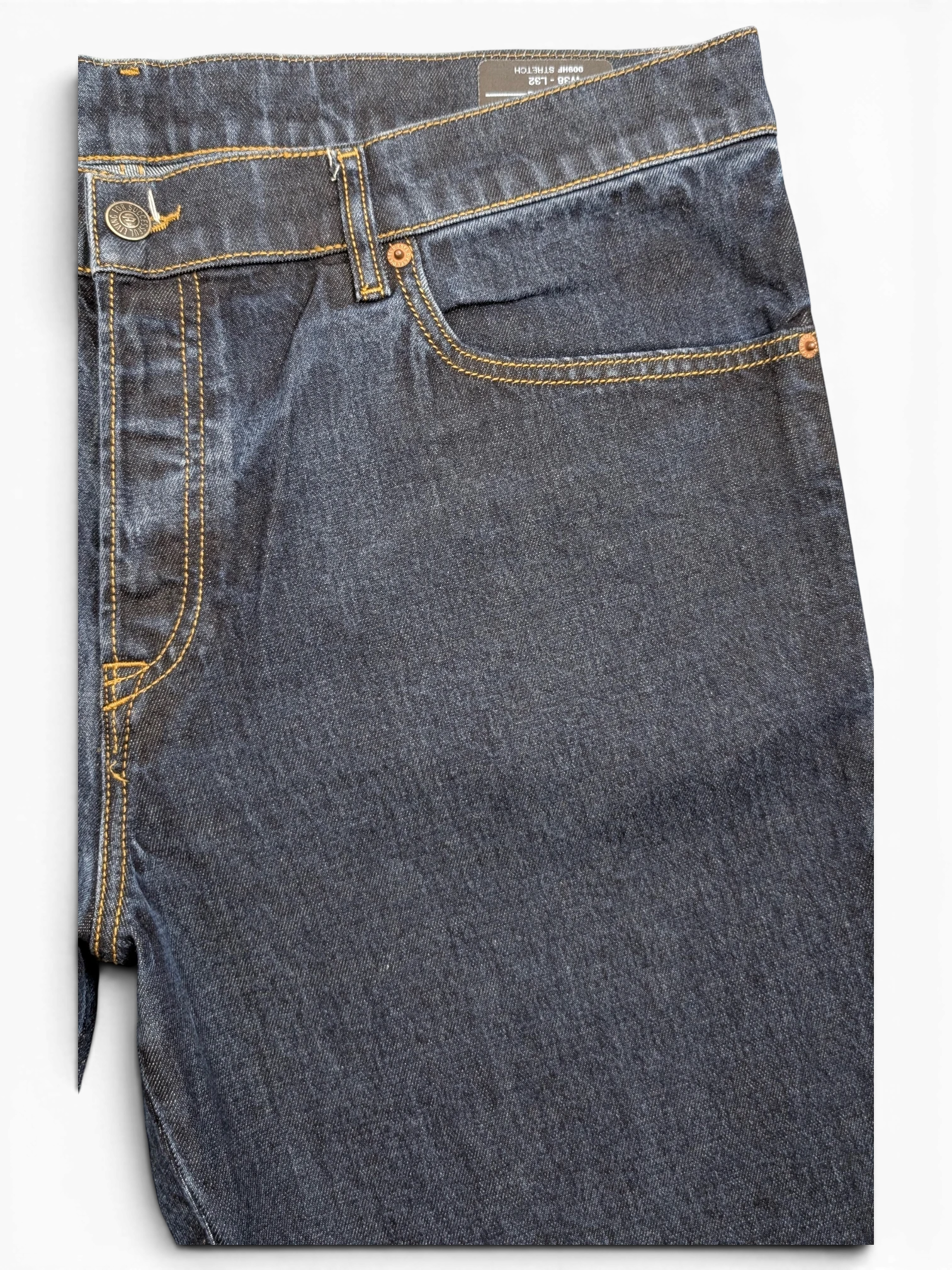 JAKE & IPI dark wash denim jeans with yellow stitching, button fly, and five-pocket styling. Size W38 L32.