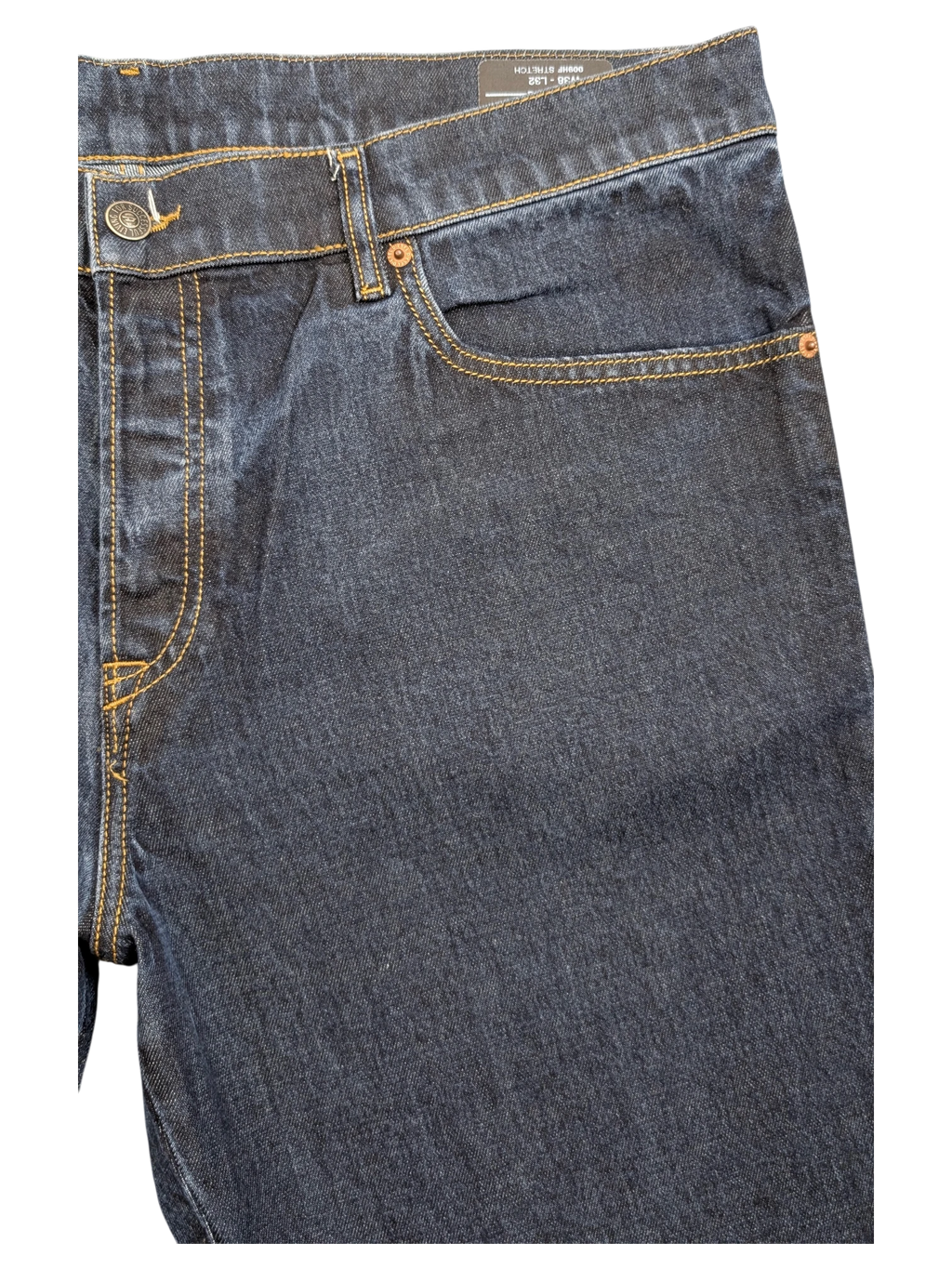 JAKE & IPI dark wash denim jeans with yellow stitching, button fly, and five-pocket styling. Size W38 L32.