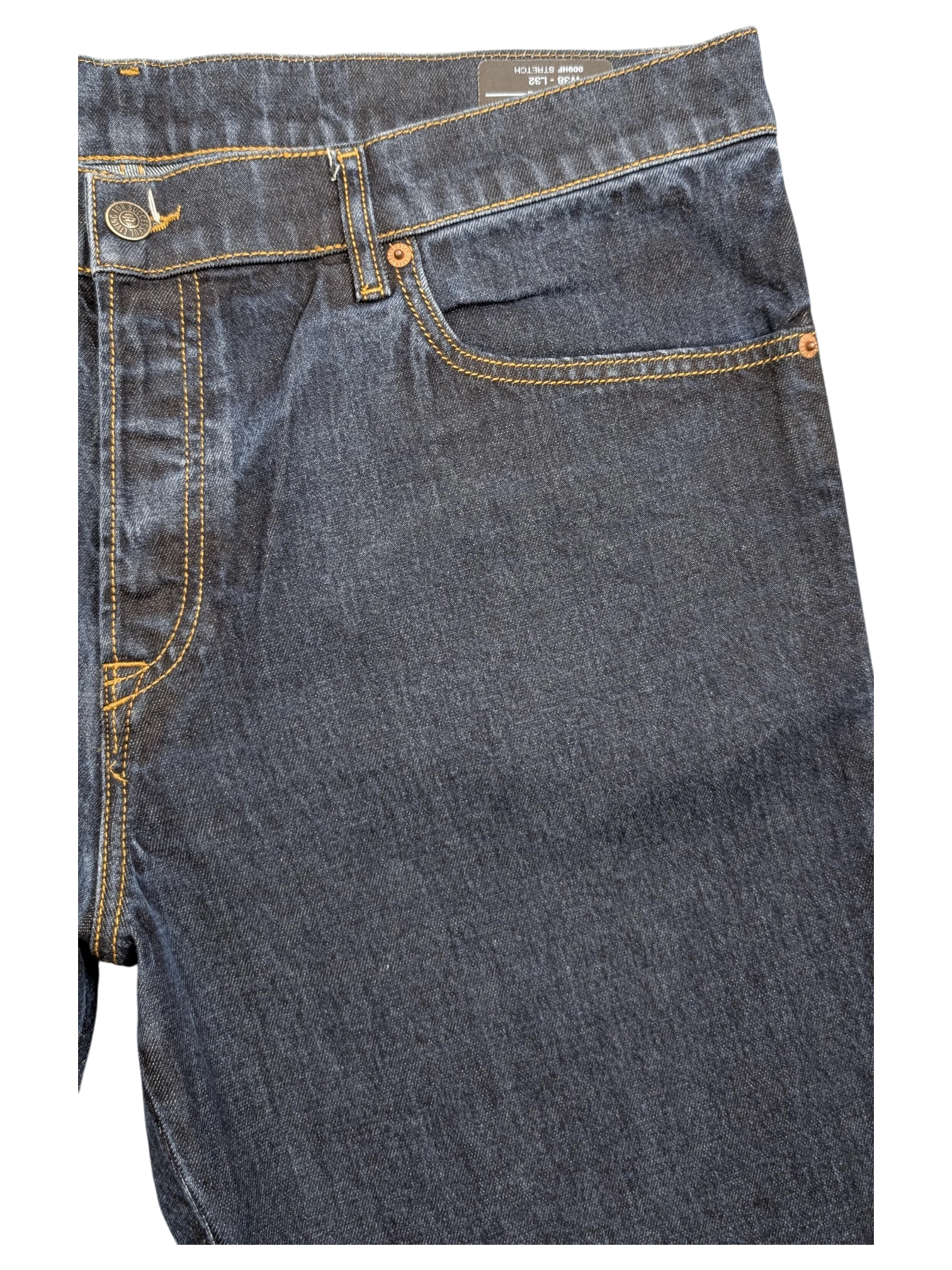 JAKE & IPI dark wash denim jeans with yellow stitching, button fly, and five-pocket styling. Size W38 L32.