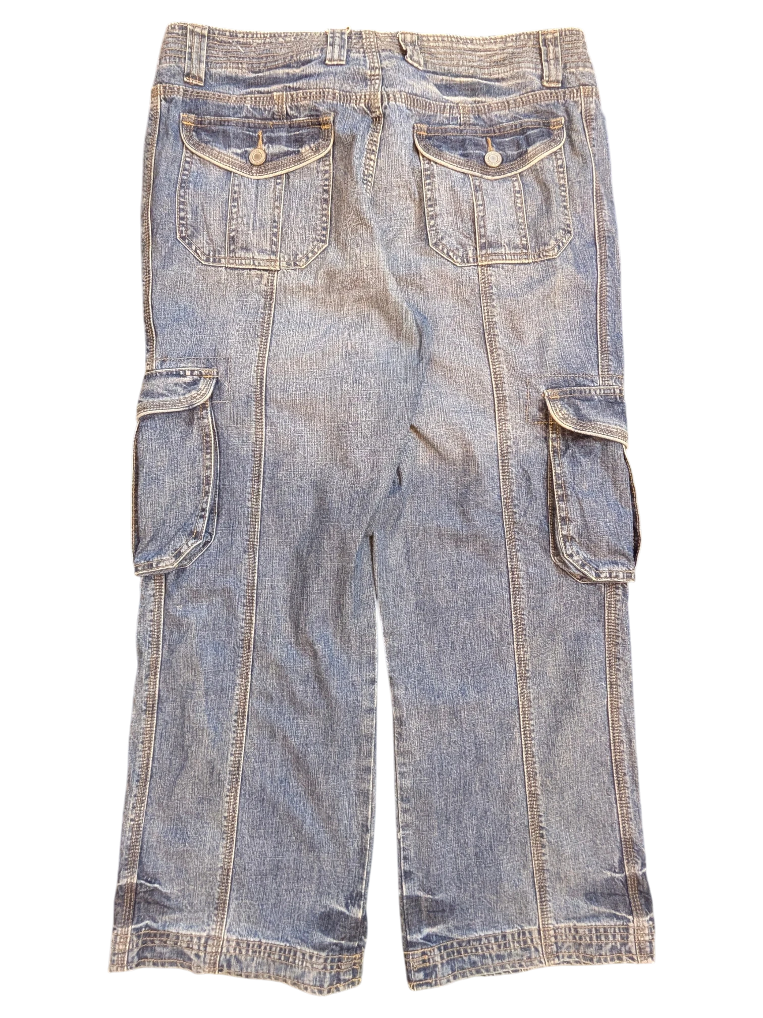 JAKE & IPI light wash denim cargo pants with multiple pockets and button closures. Size 34.