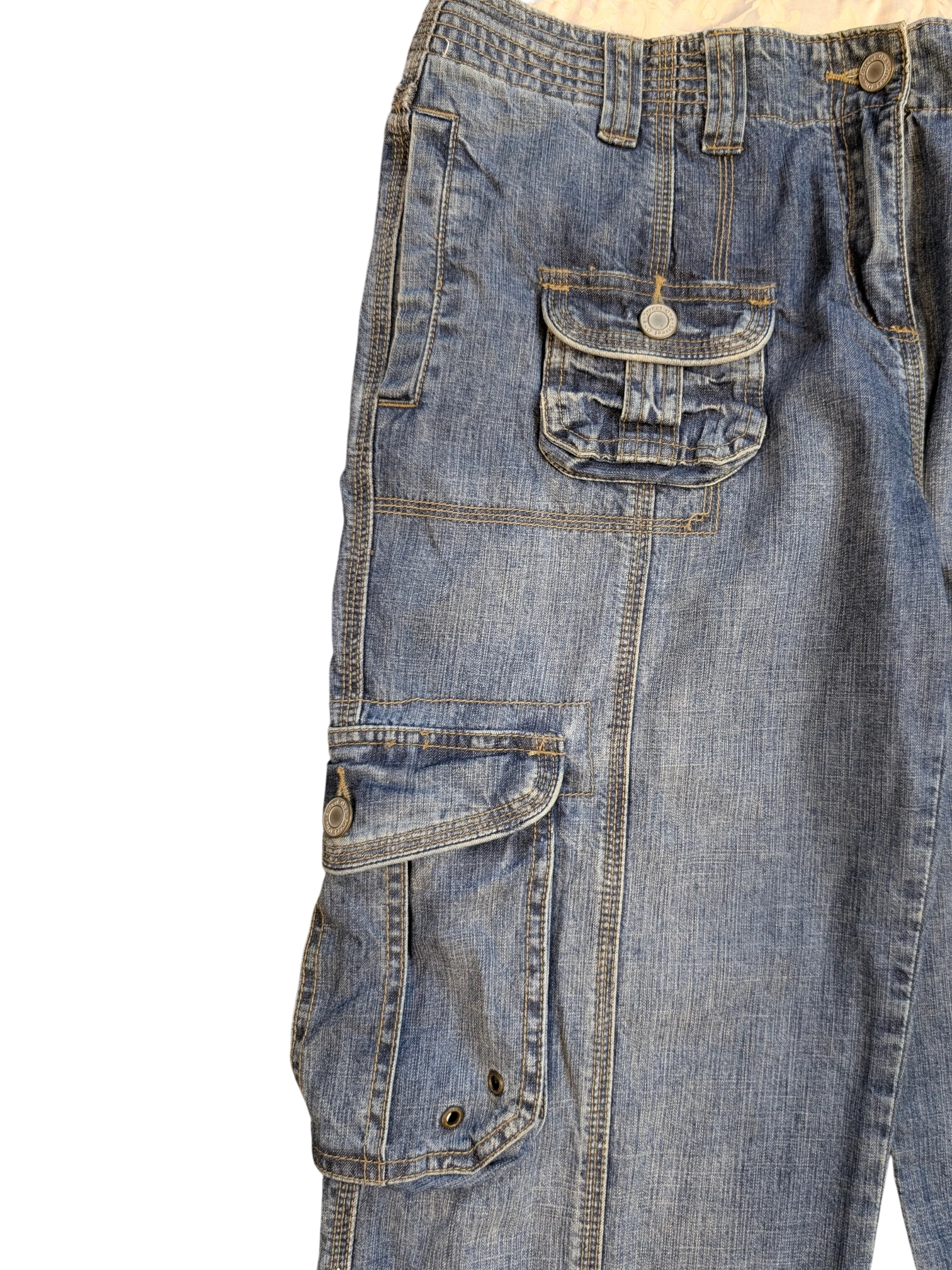 JAKE & IPI blue denim cargo pants with multiple pockets and button closures. Size 34.