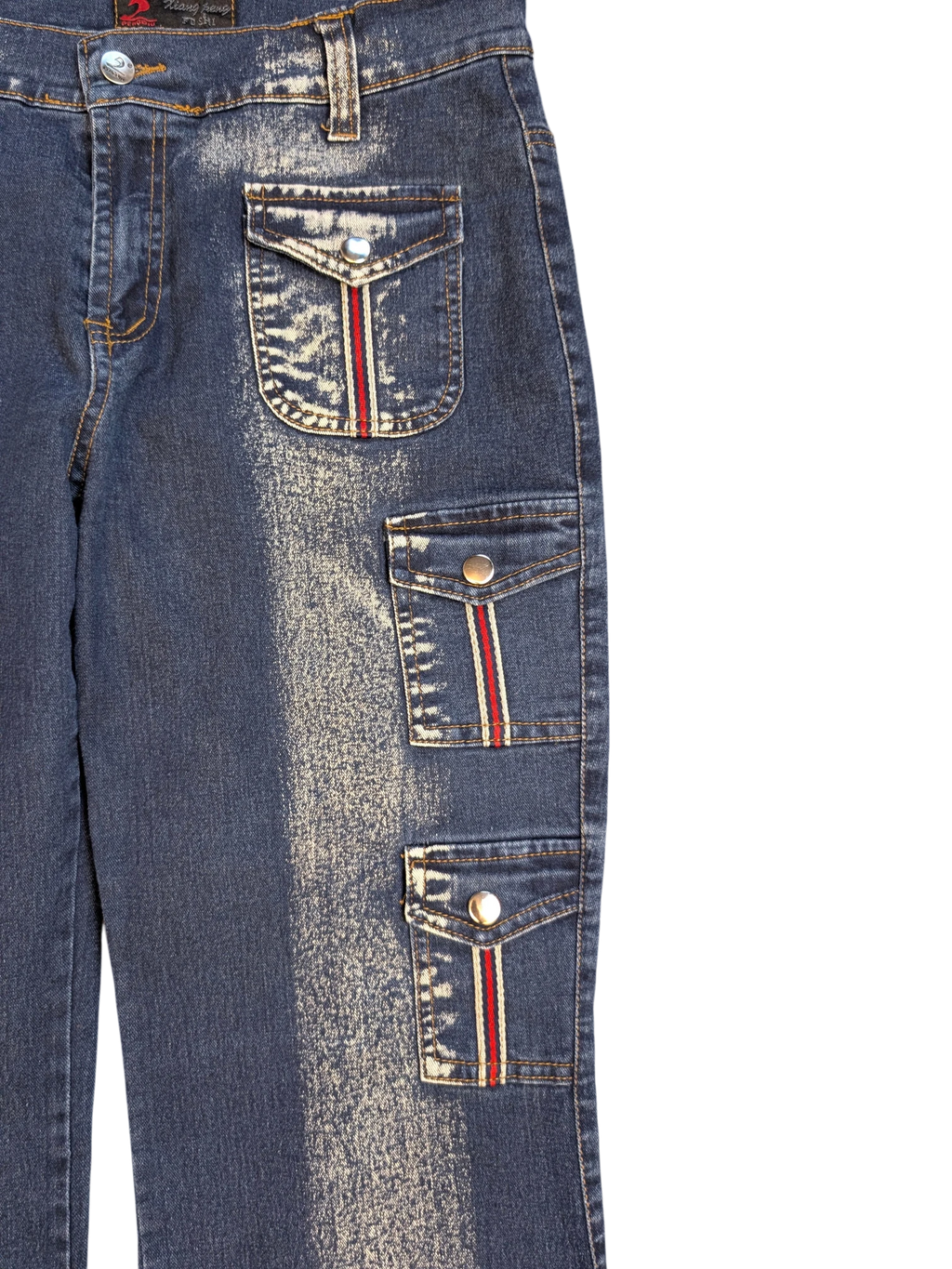 JAKE & IPI blue denim cargo pants with red and white stripe detail on pockets. Size 28.