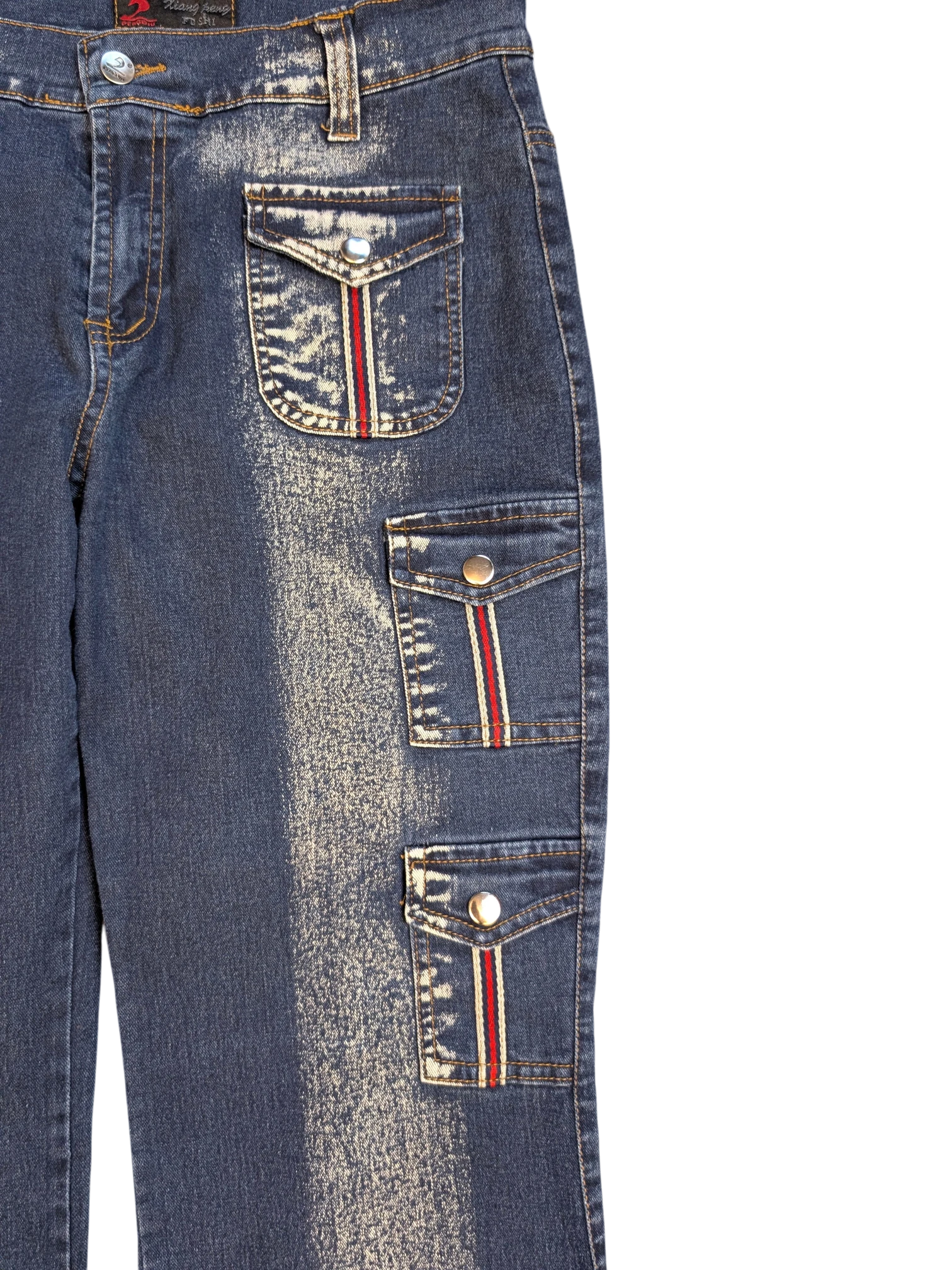 JAKE & IPI blue denim cargo pants with red and white stripe detail on pockets. Size 28.