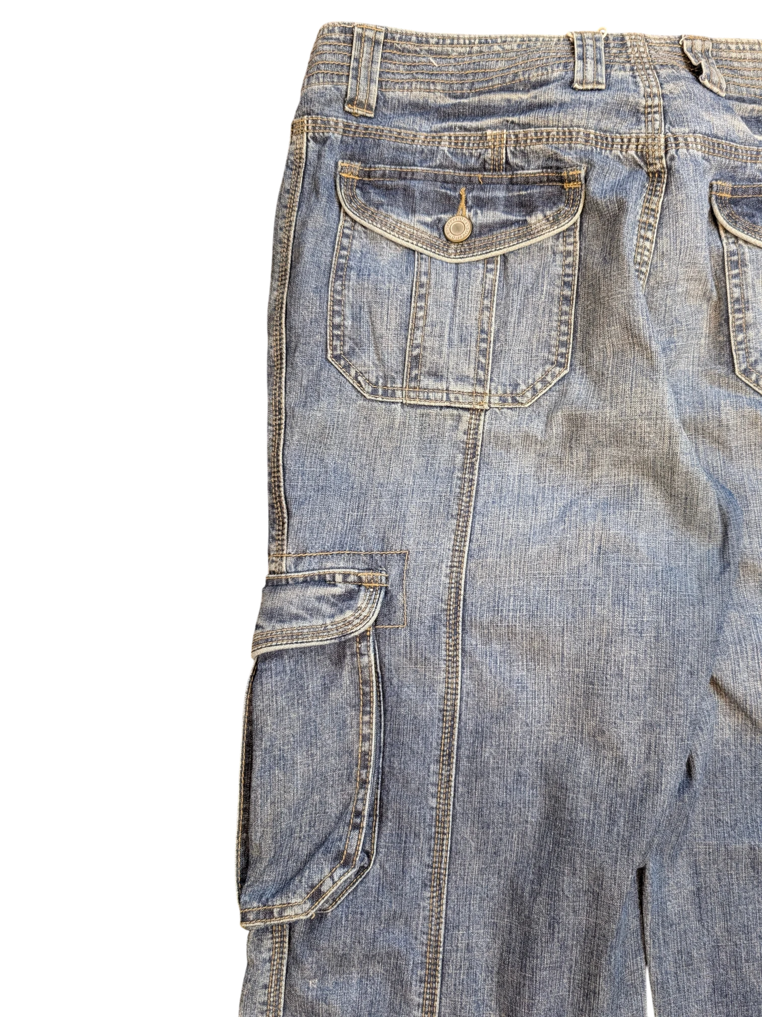 JAKE & IPI blue denim cargo pants with multiple pockets and button closure.