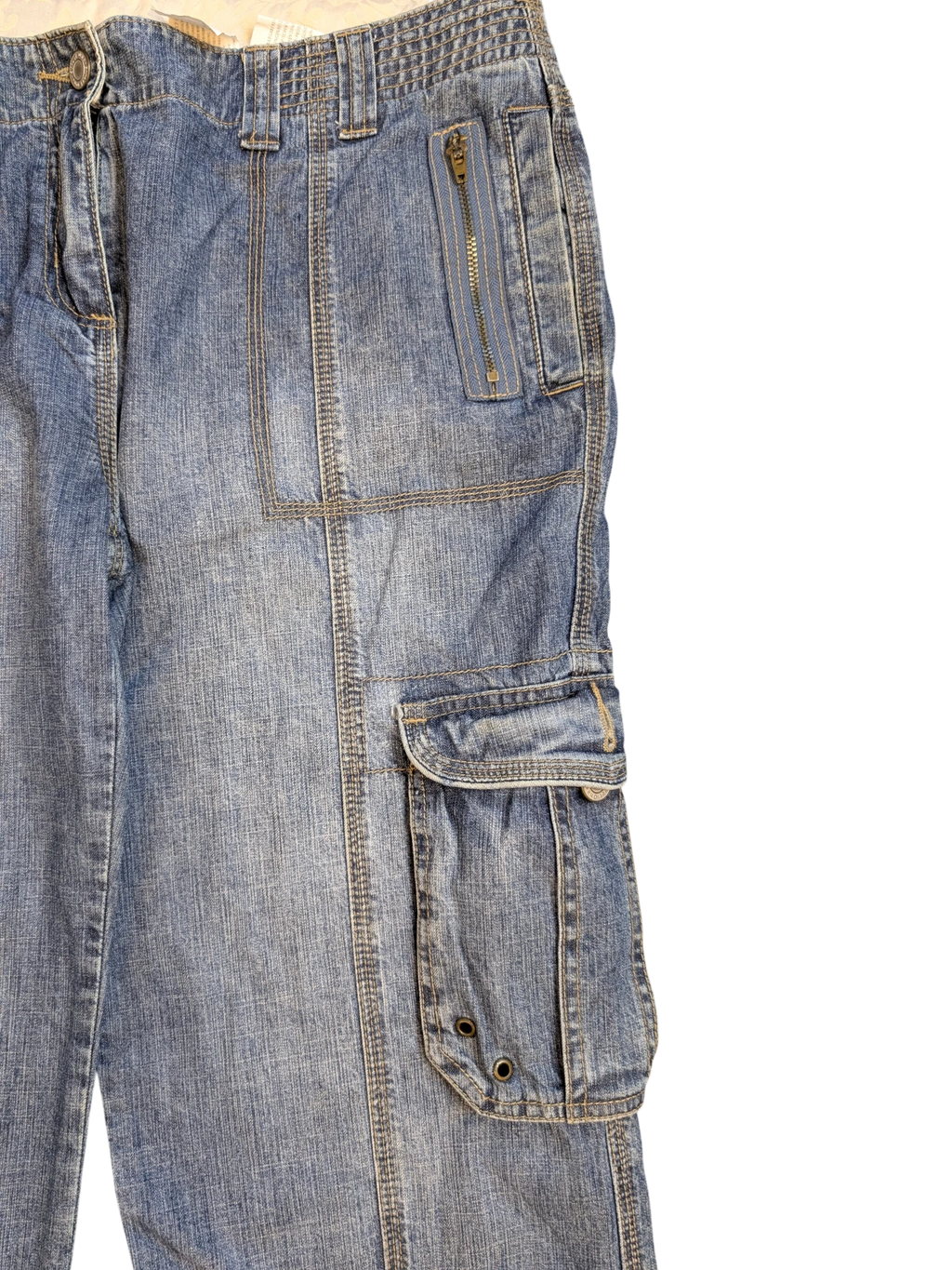 JAKE & IPI blue denim cargo pants with zip pocket and flap pocket, size 34