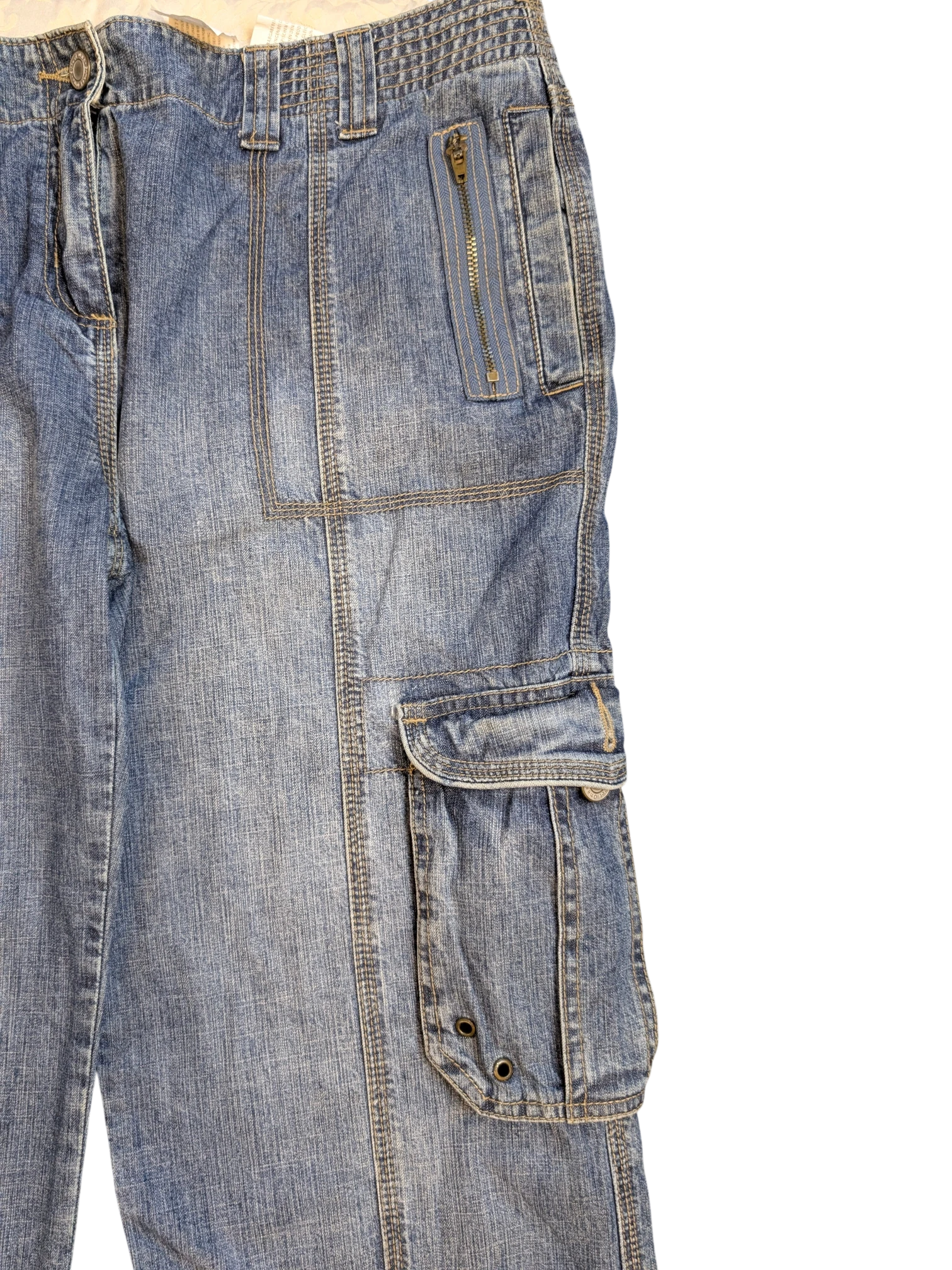 JAKE & IPI blue denim cargo pants with zip pocket and flap pocket, size 34