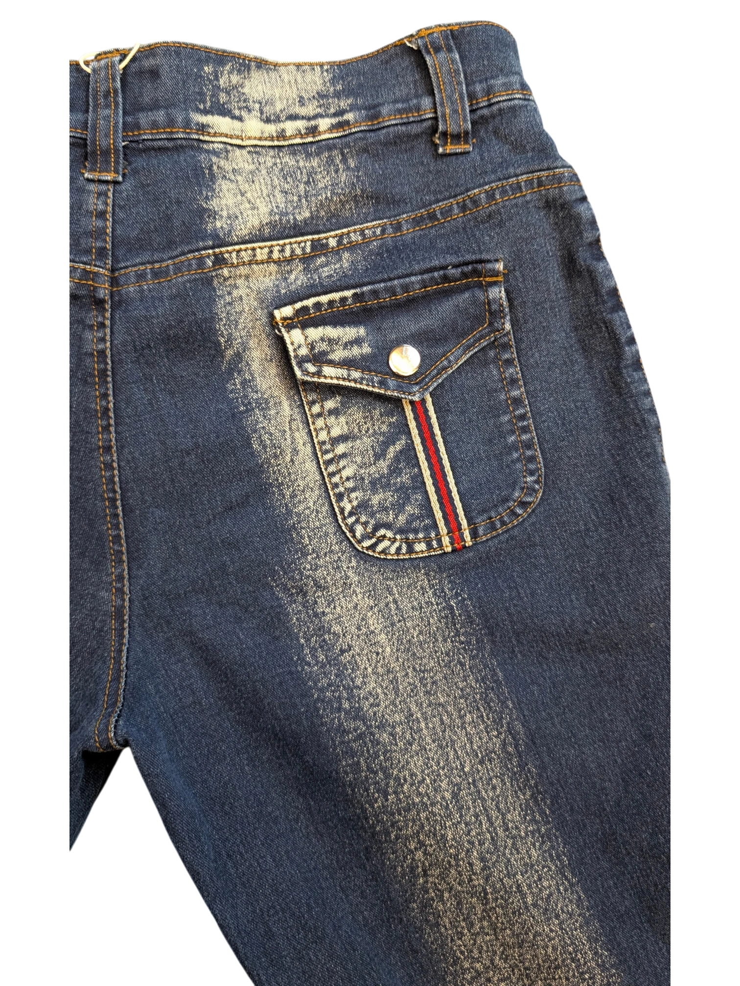 JAKE & IPI blue denim cargo pants with distressed detailing and a red and white striped pocket accent.