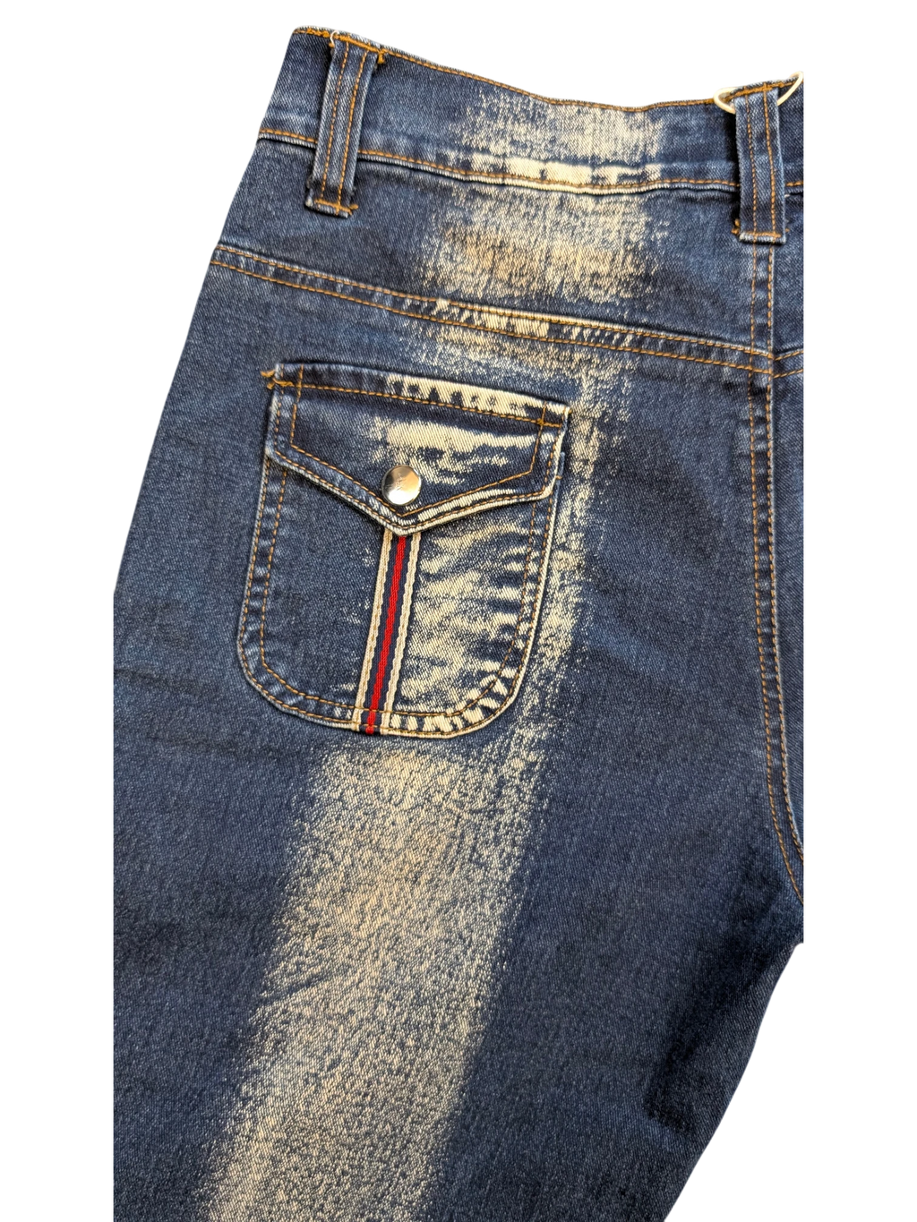 JAKE & IPI blue denim cargo pants with distressed detailing and red and white stripe accent on pocket.