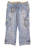 JAKE & IPI light wash denim cargo pants with multiple pockets and zip details, size 34.
