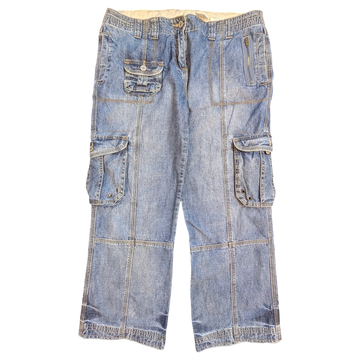JAKE & IPI light wash denim cargo pants with multiple pockets and zip details, size 34.