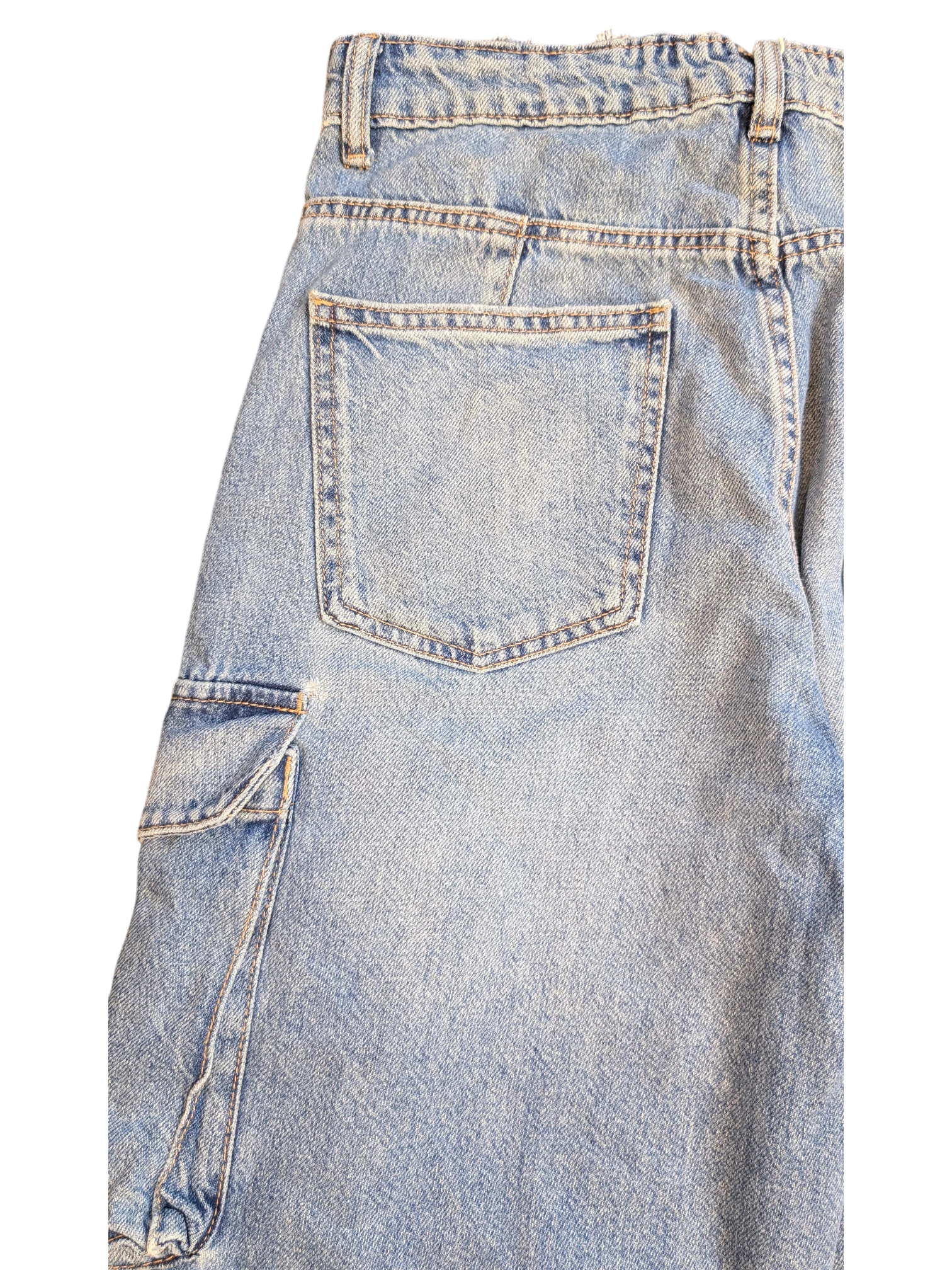 JAKE & IPI light wash denim cargo pants with multiple pockets and contrast stitching.