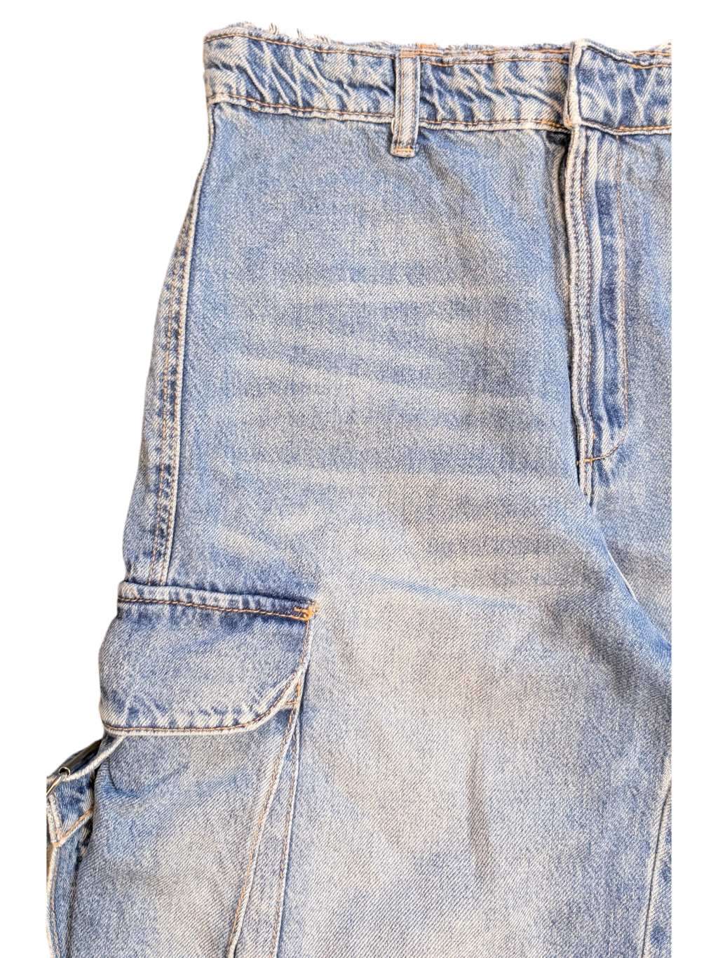 JAKE & IPI light wash denim cargo pants with distressed waistband and utility pockets.