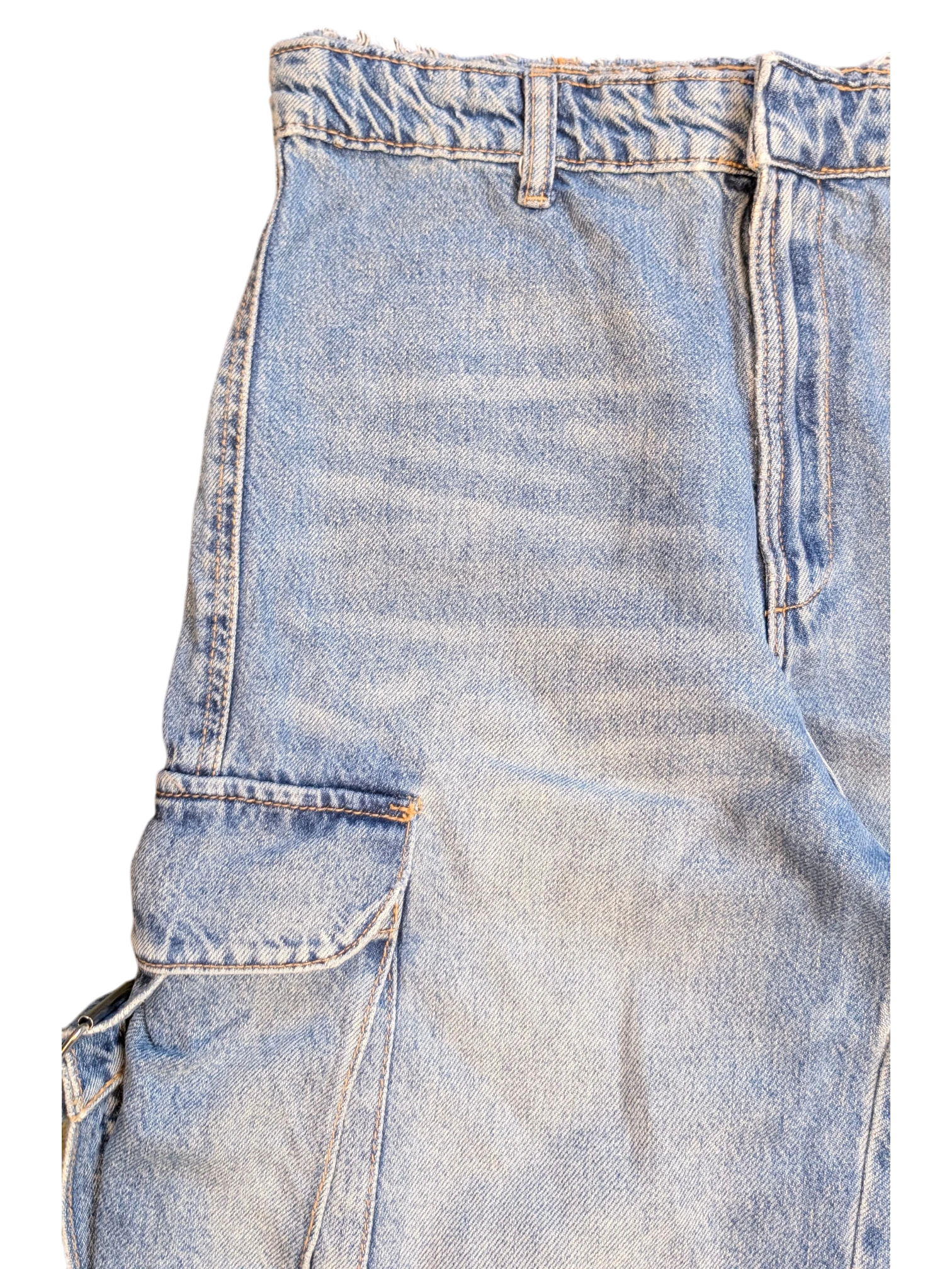 JAKE & IPI light wash denim cargo pants with distressed waistband and utility pockets.