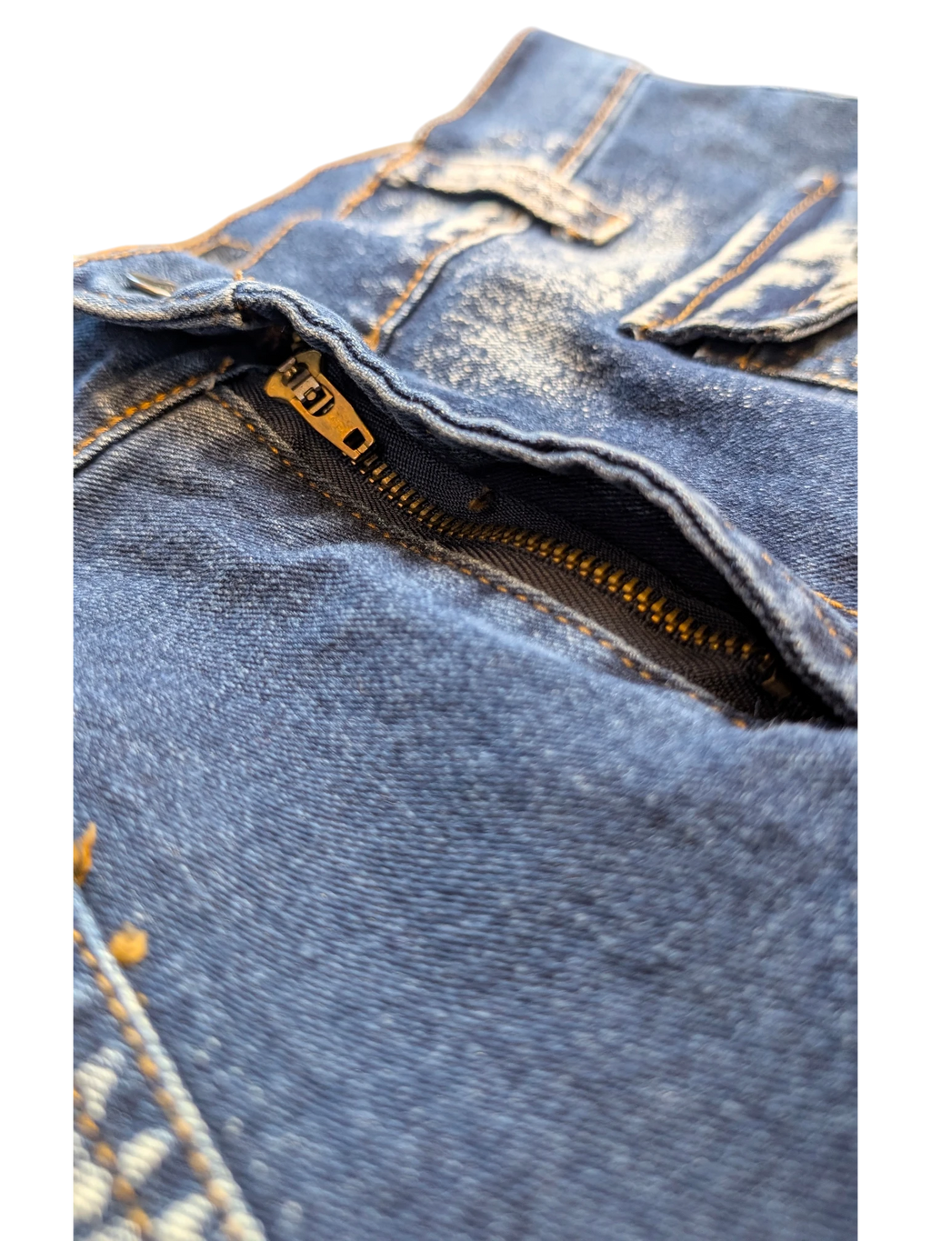 JAKE & IPI blue denim cargo pants with zip fly and contrast stitching