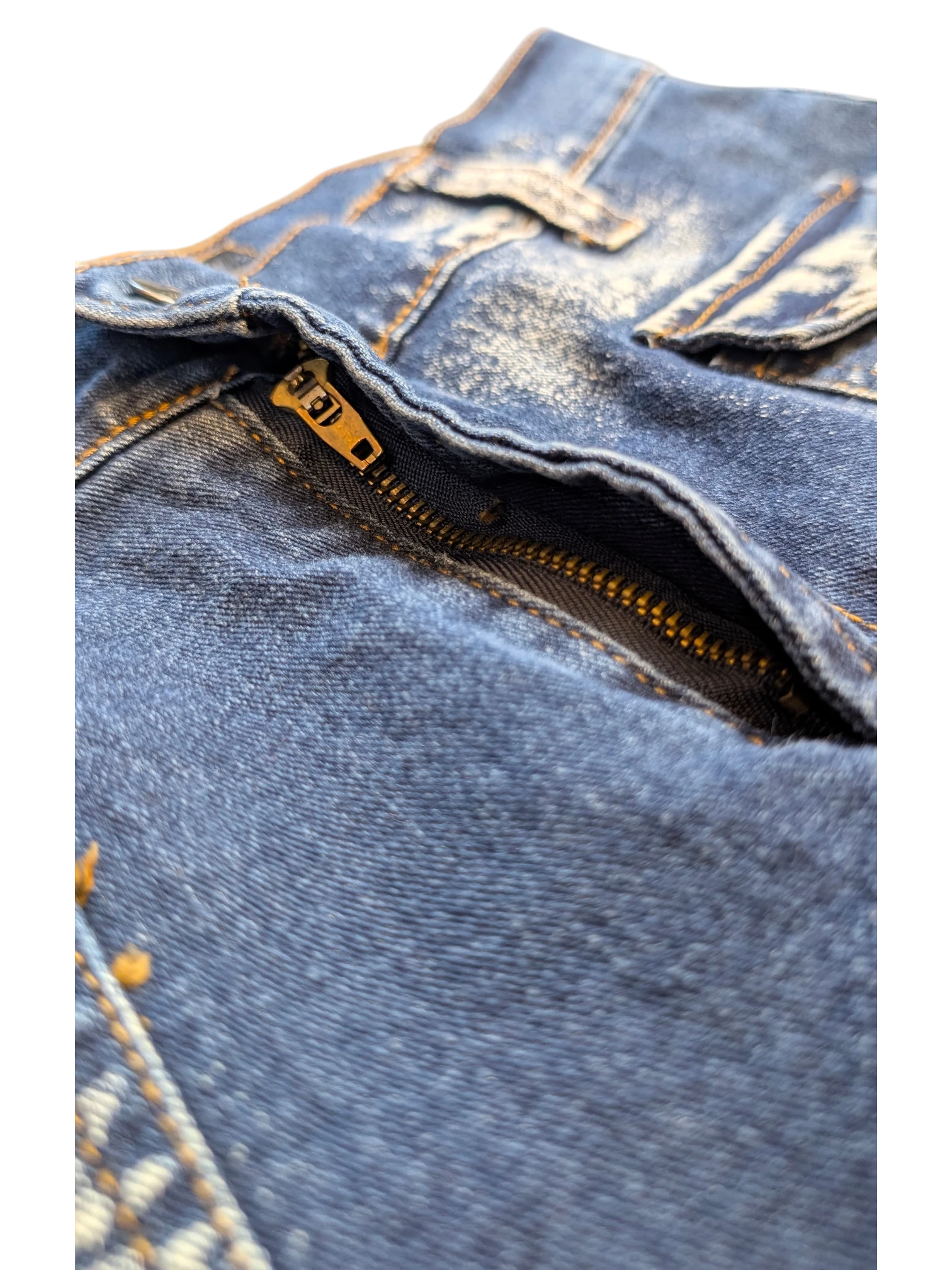 JAKE & IPI blue denim cargo pants with zip fly and contrast stitching