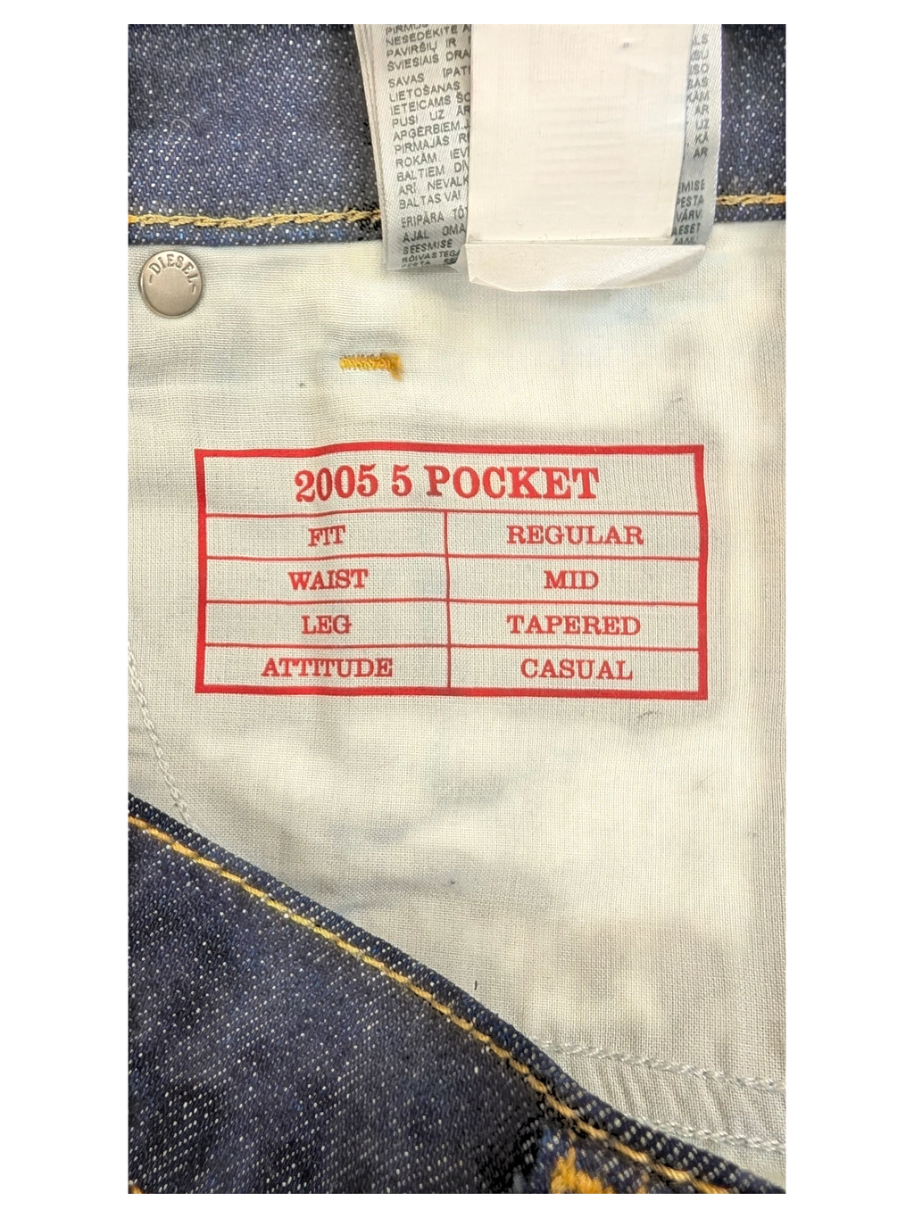 JAKE & IPI Diesel 2005 5 Pocket jeans with regular fit, mid waist, tapered leg, and casual attitude. Dark wash denim.