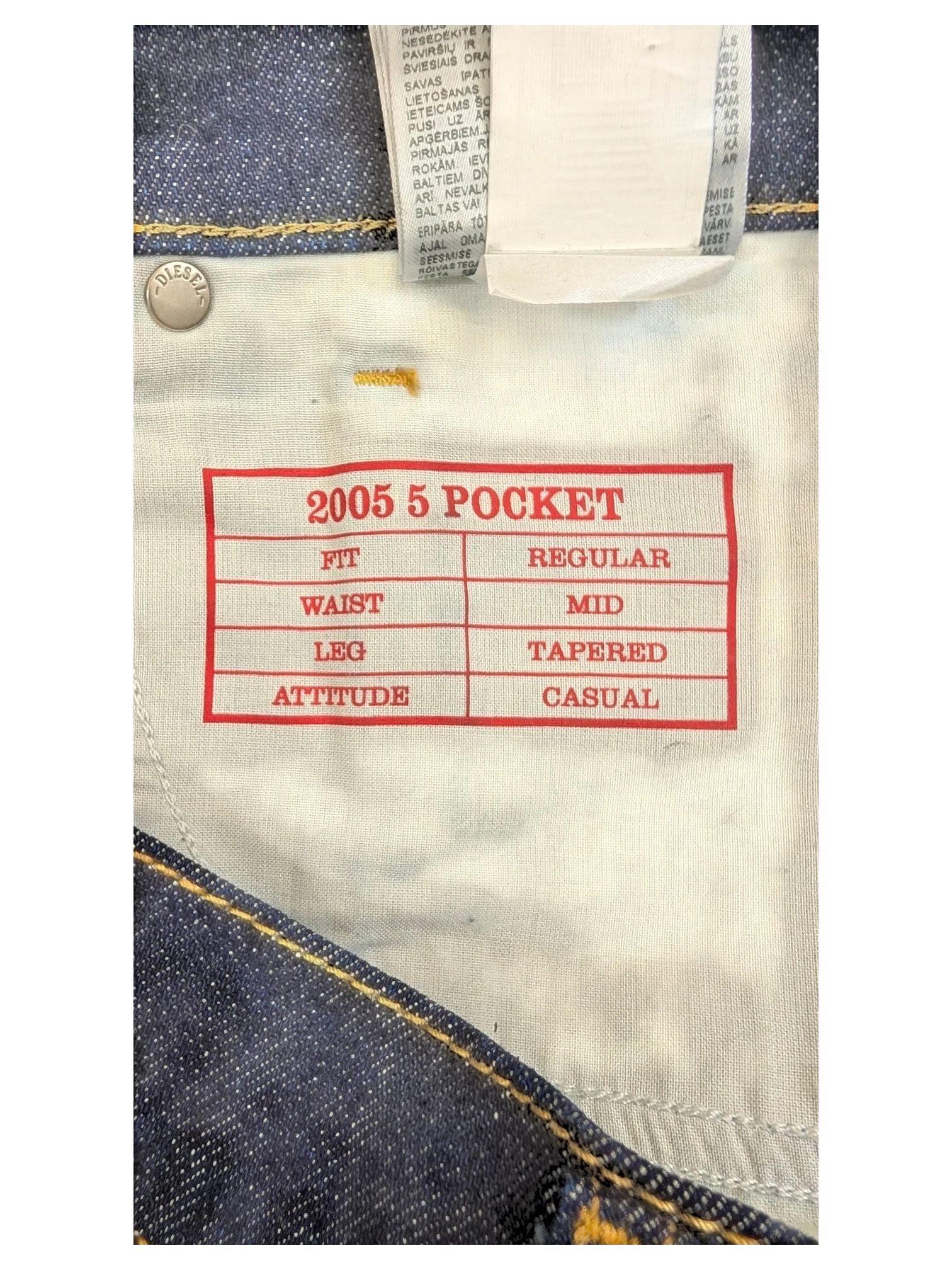 JAKE & IPI Diesel 2005 5 Pocket jeans with regular fit, mid waist, tapered leg, and casual attitude. Dark wash denim.
