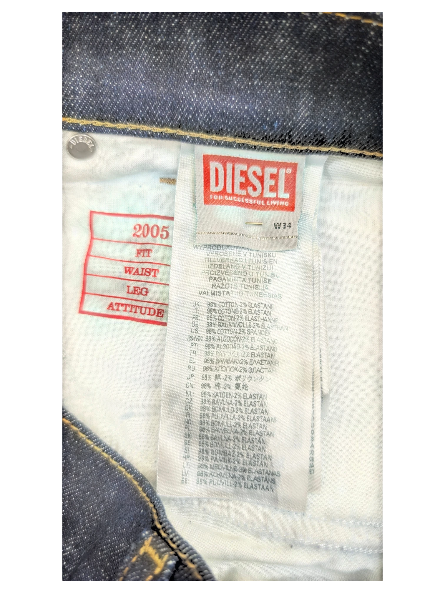 JAKE & IPI Diesel Library 2005 jeans, dark wash denim, W34 L32, 98% cotton, 2% elastane.