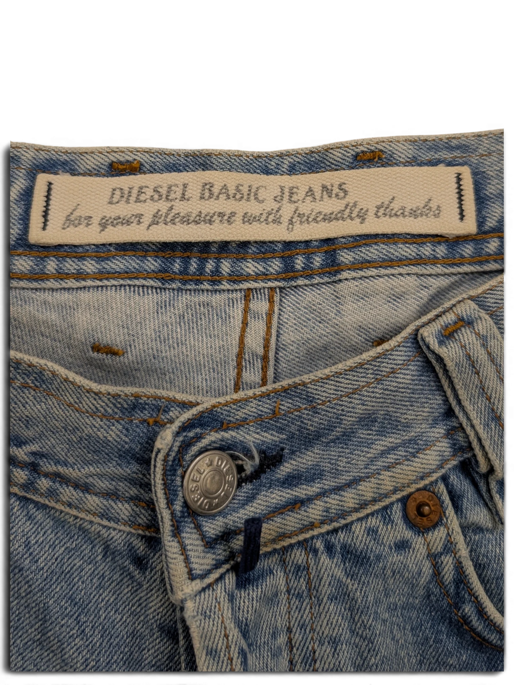 JAKE & IPI Diesel Basic Jeans in light wash denim with button fly and branded tag.