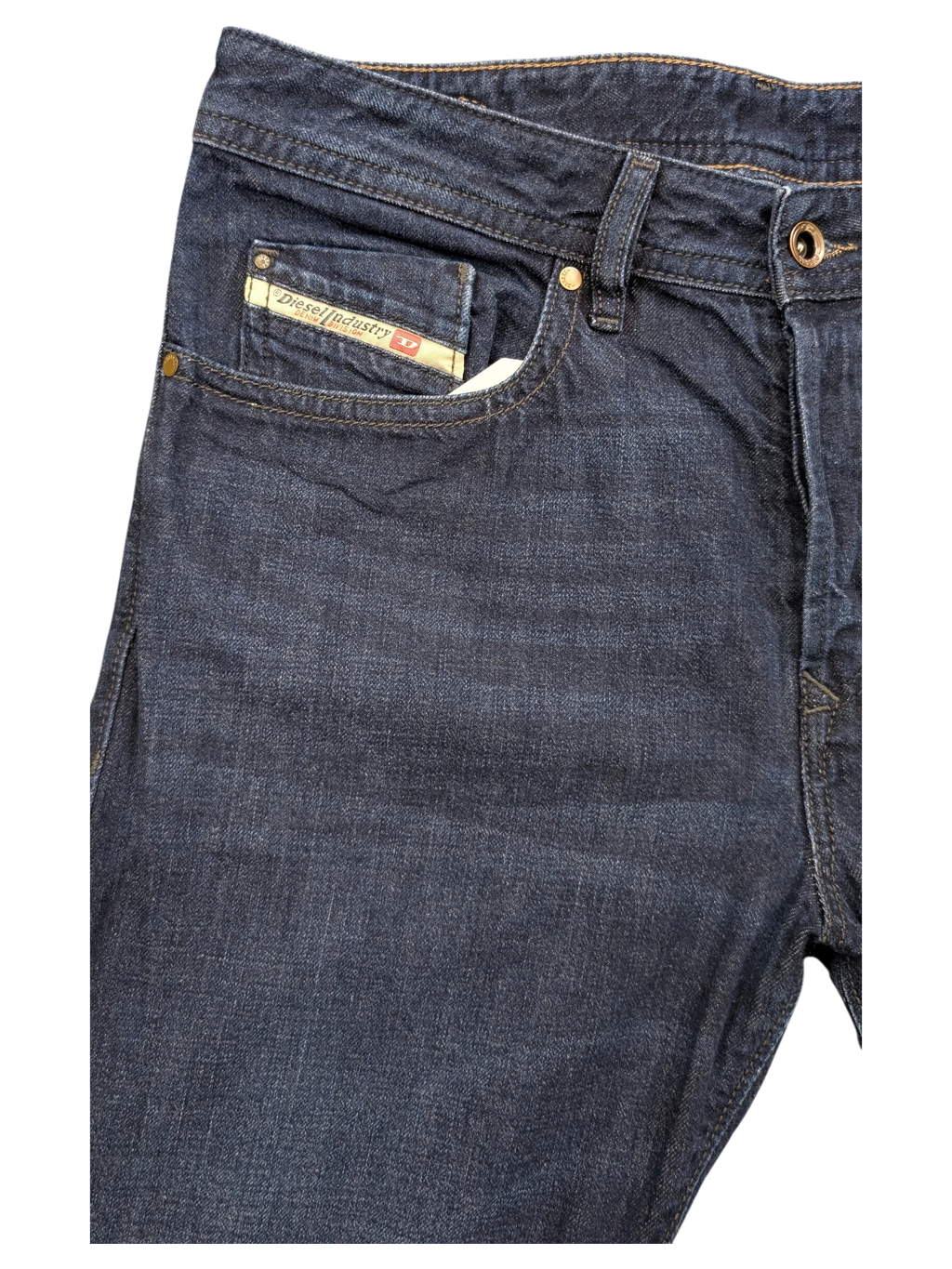 JAKE & IPI dark wash denim jeans with Diesel Industry tag, size W32 L30.