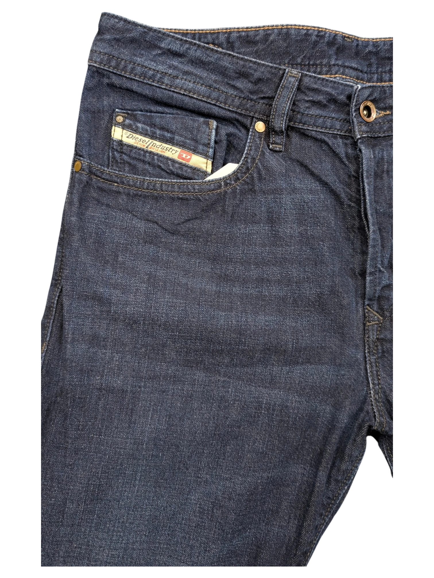 JAKE & IPI dark wash denim jeans with Diesel Industry tag, size W32 L30.