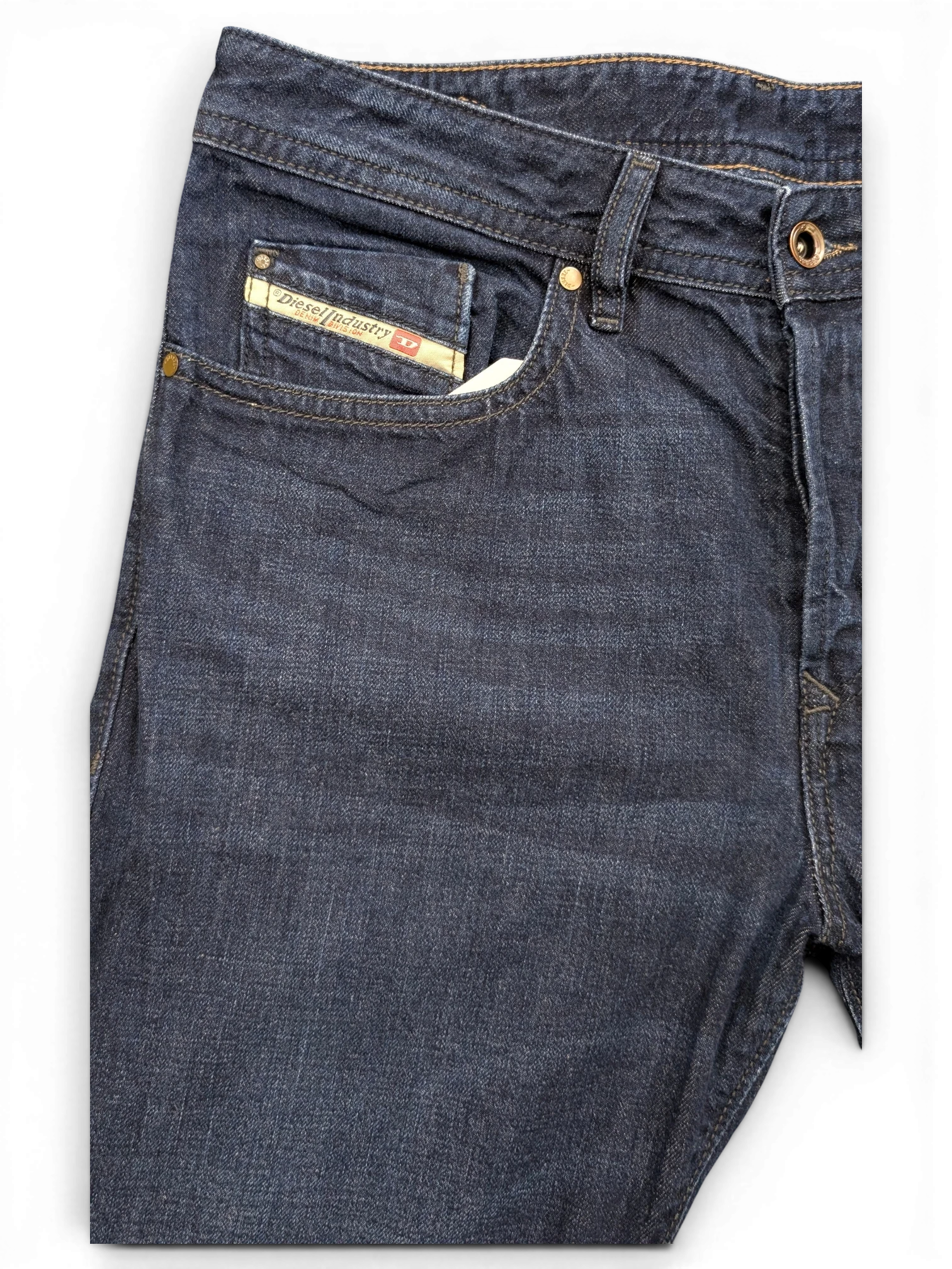 JAKE & IPI dark wash denim jeans with Diesel Industry tag, size W32 L30.