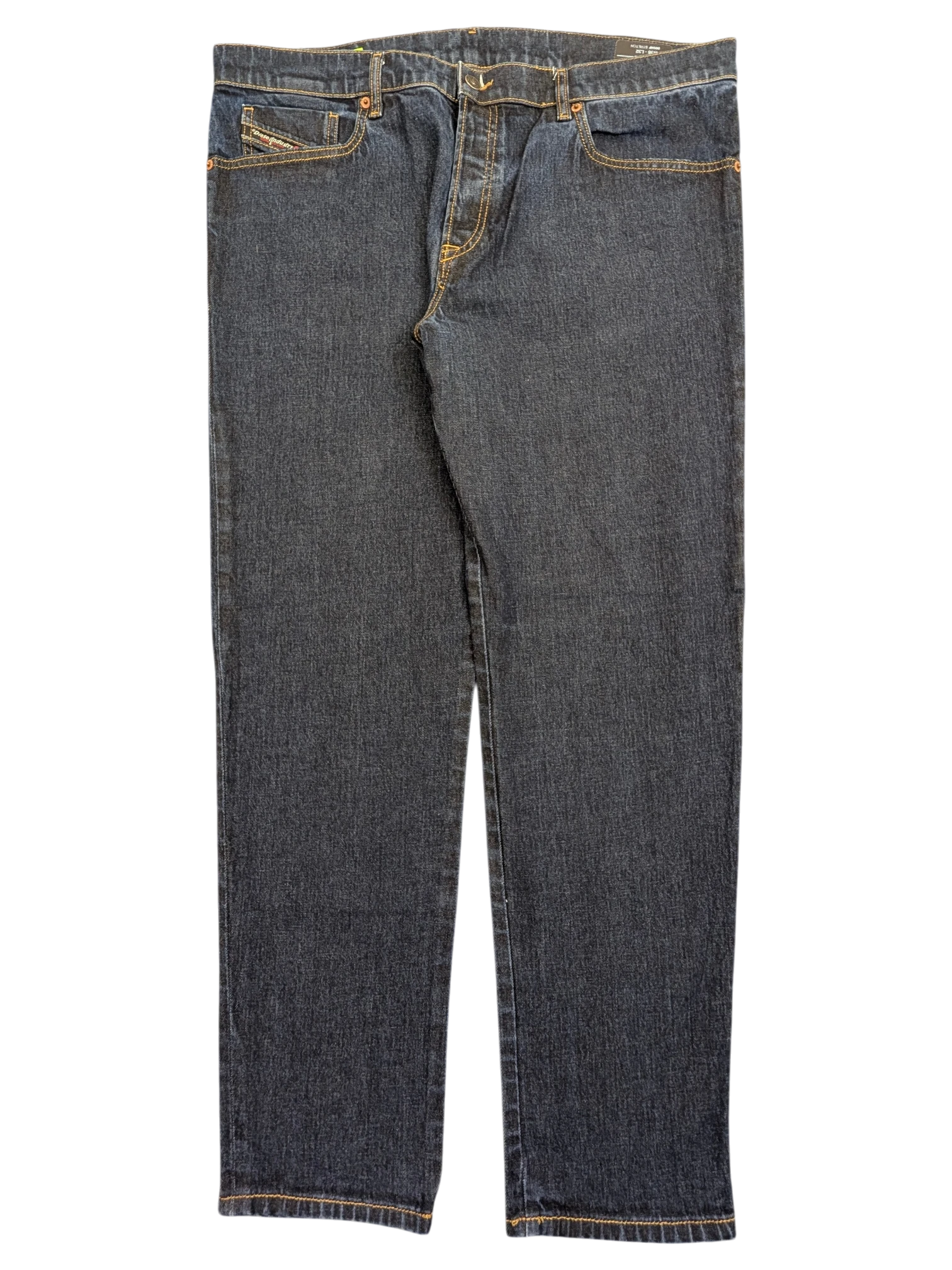 JAKE & IPI Diesel D-Fining dark wash denim jeans, W38 L32, with orange stitching and metal button closure.