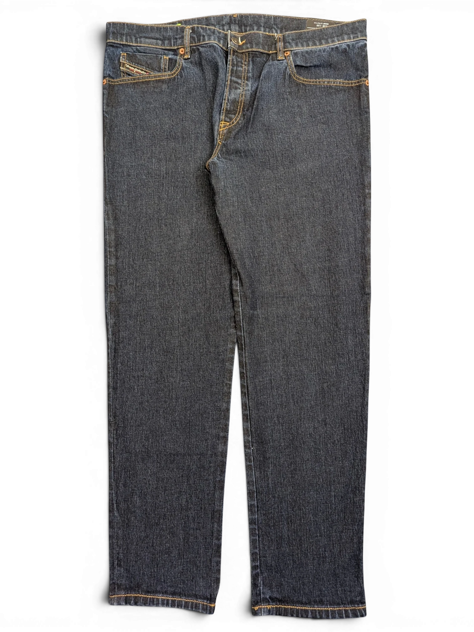JAKE & IPI Diesel D-Fining dark wash denim jeans, W38 L32, with orange stitching and metal button closure.