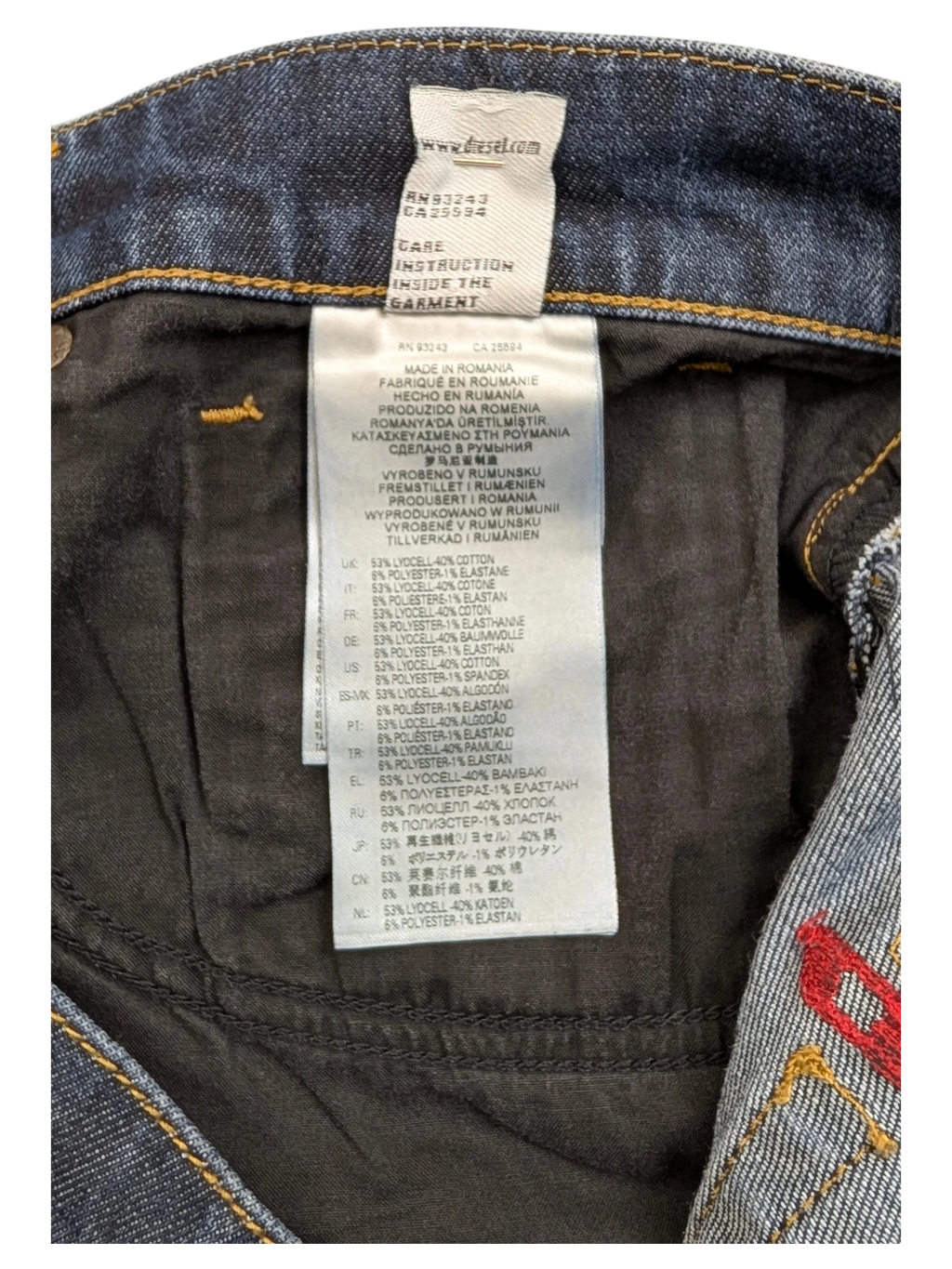 JAKE & IPI Diesel D-Fining jeans with RN93243 CA25934 label. Dark wash denim with red stitching detail.