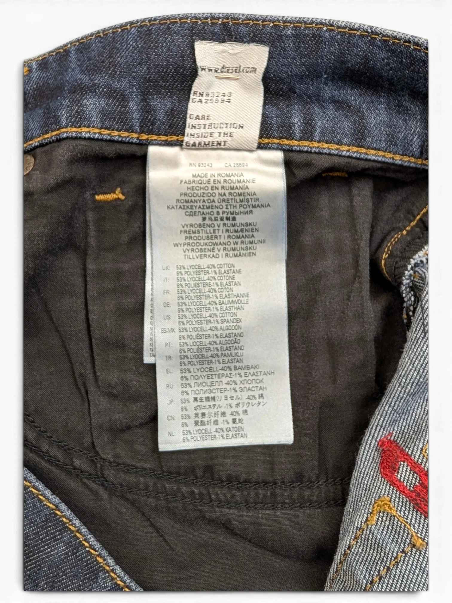 JAKE & IPI Diesel D-Fining jeans with RN93243 CA25934 label. Dark wash denim with red stitching detail.