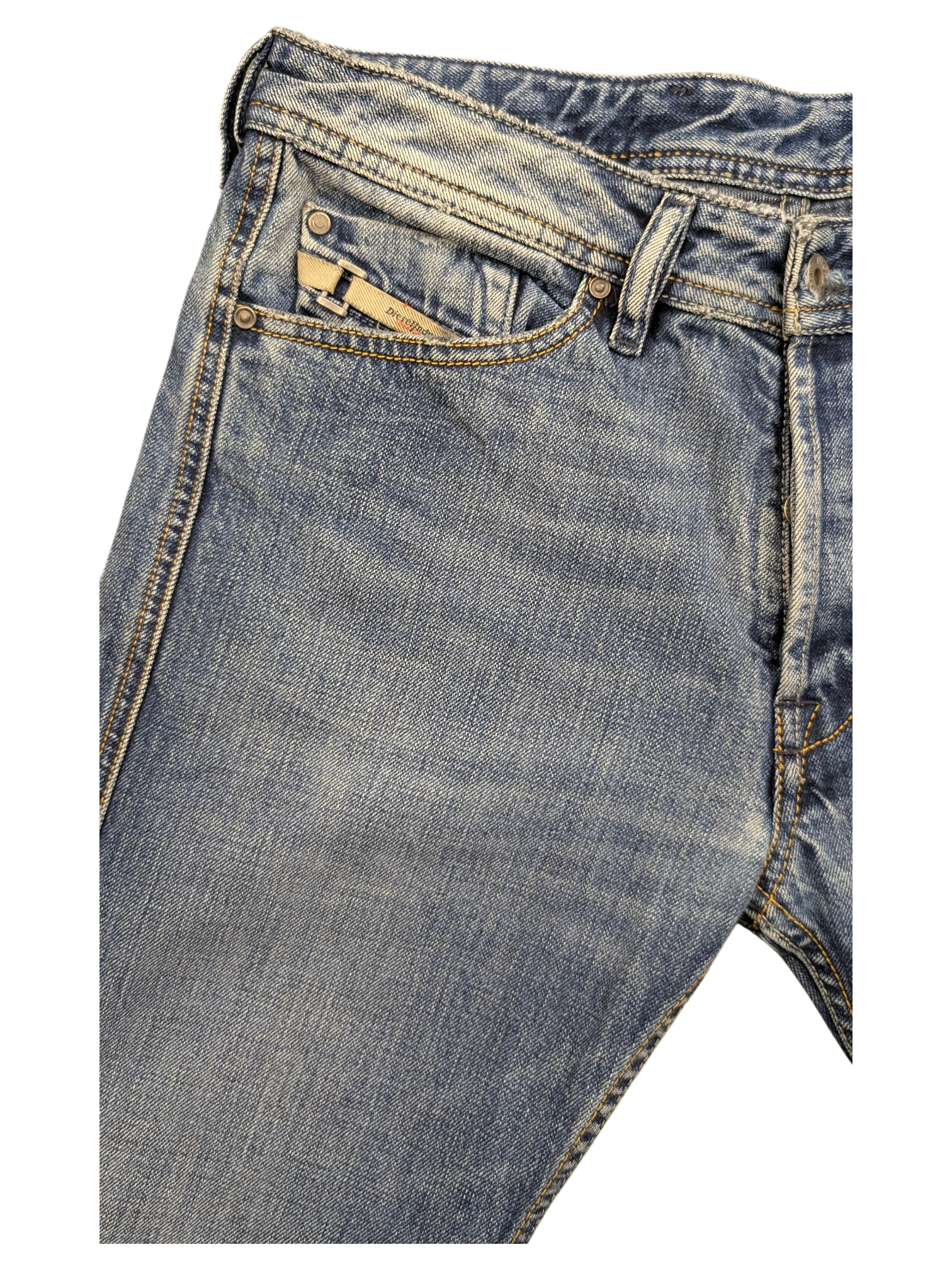 JAKE & IPI Diesel Dughan light wash blue denim jeans with distressed details and coin pocket.