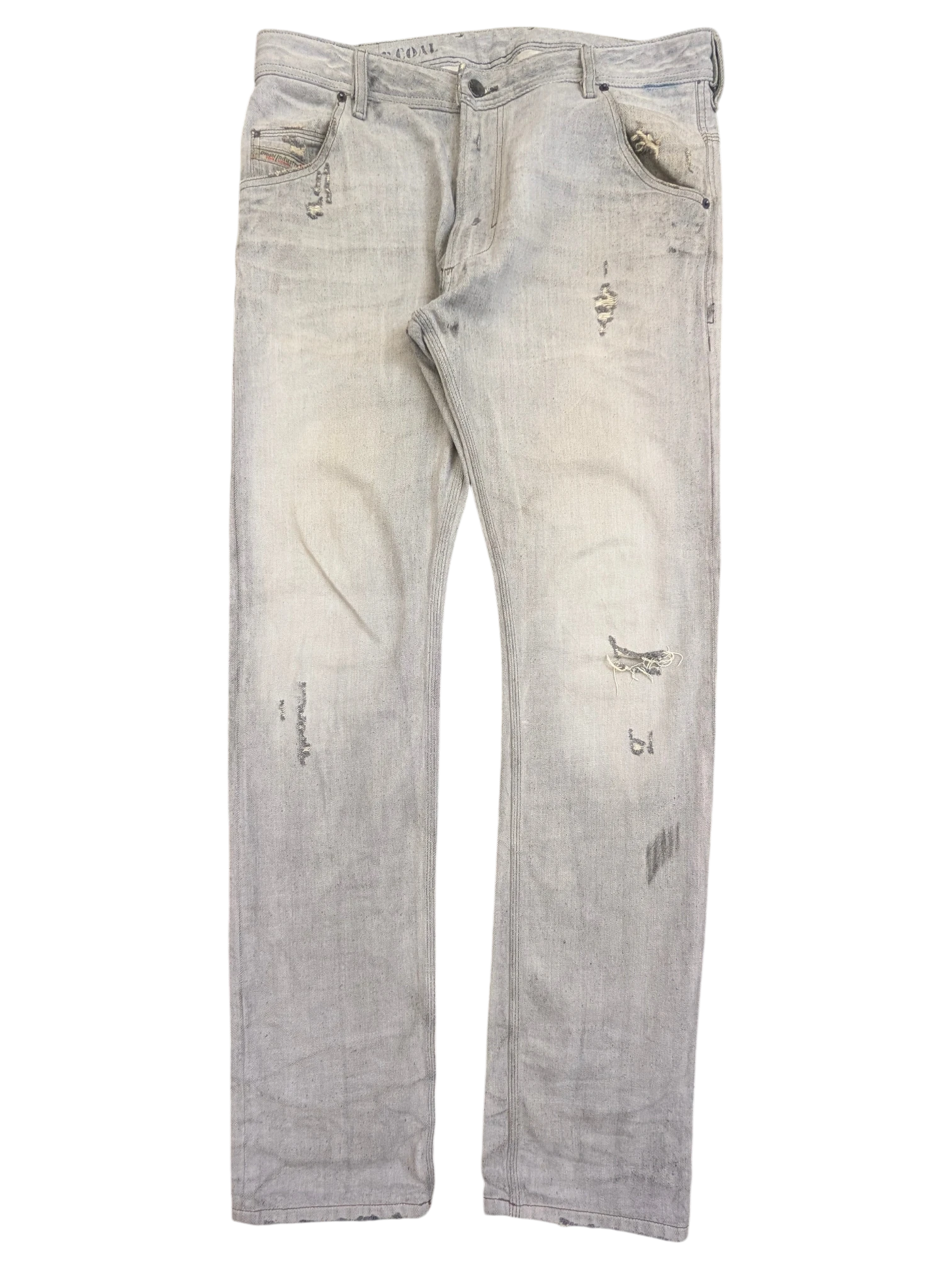 JAKE & IPI light wash distressed denim jeans with ripped details and a relaxed fit.