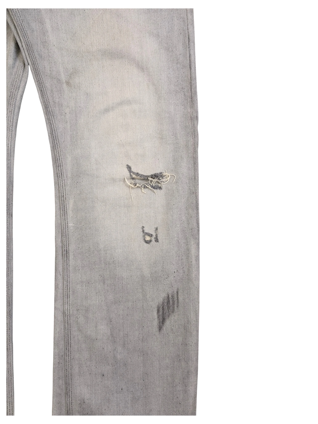 JAKE & IPI light wash distressed denim jeans with ripped knee and graphic print