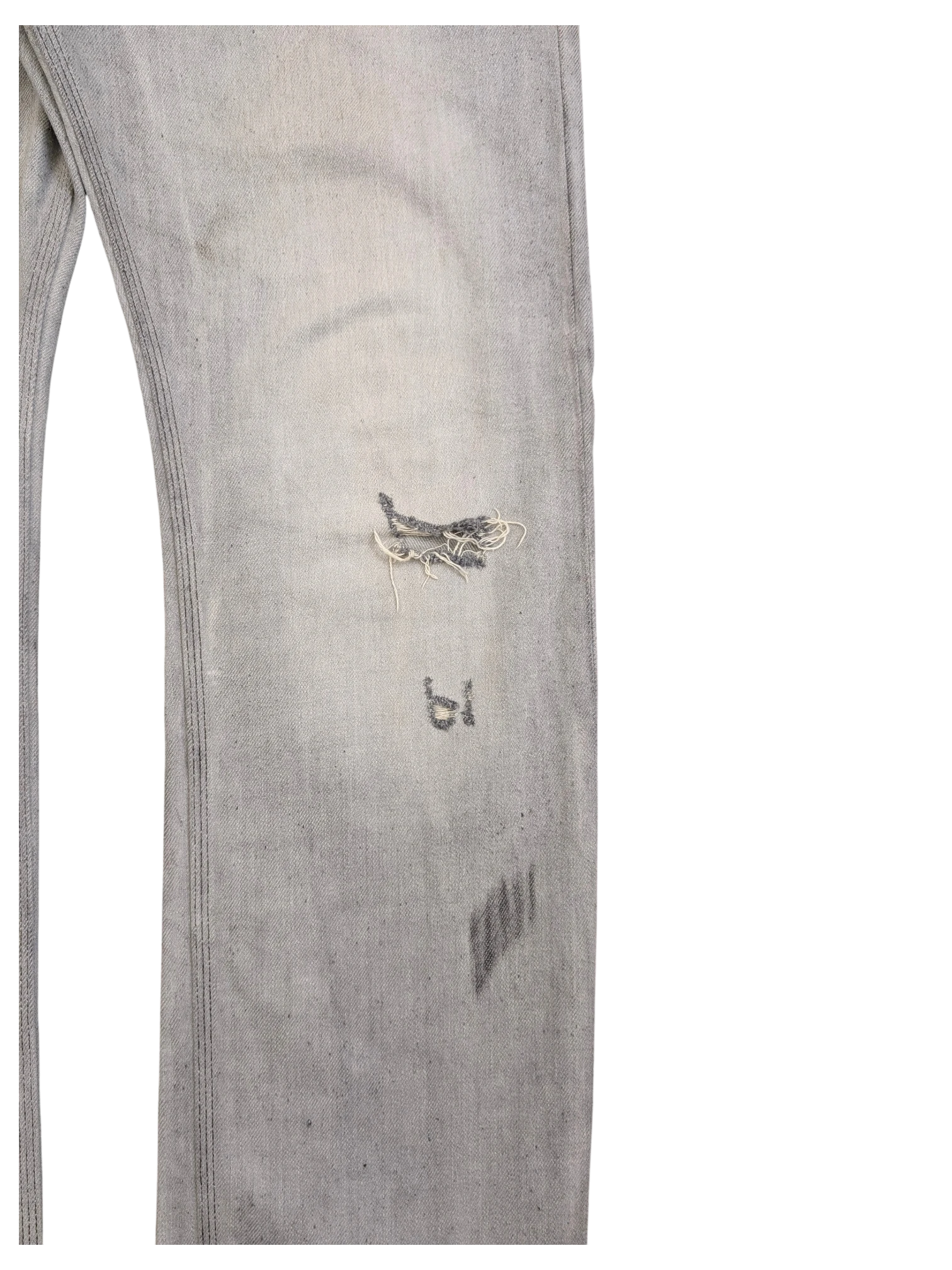 JAKE & IPI light wash distressed denim jeans with ripped knee and graphic print