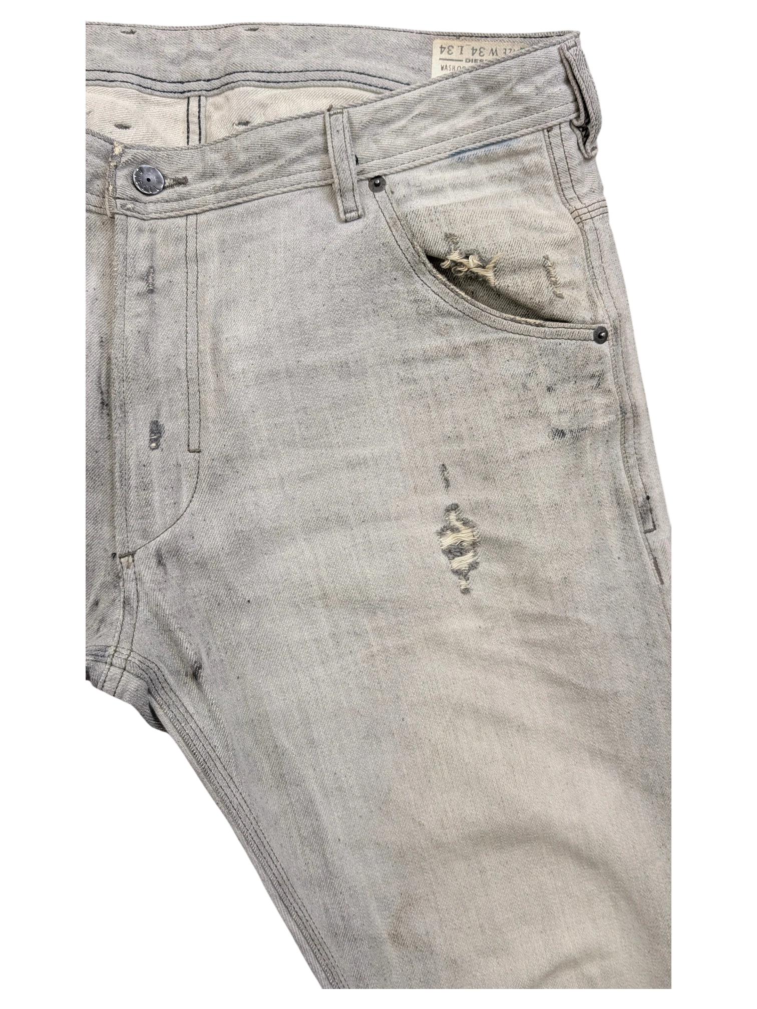 JAKE & IPI light grey distressed denim jeans with rips and fading, size W34 L34.