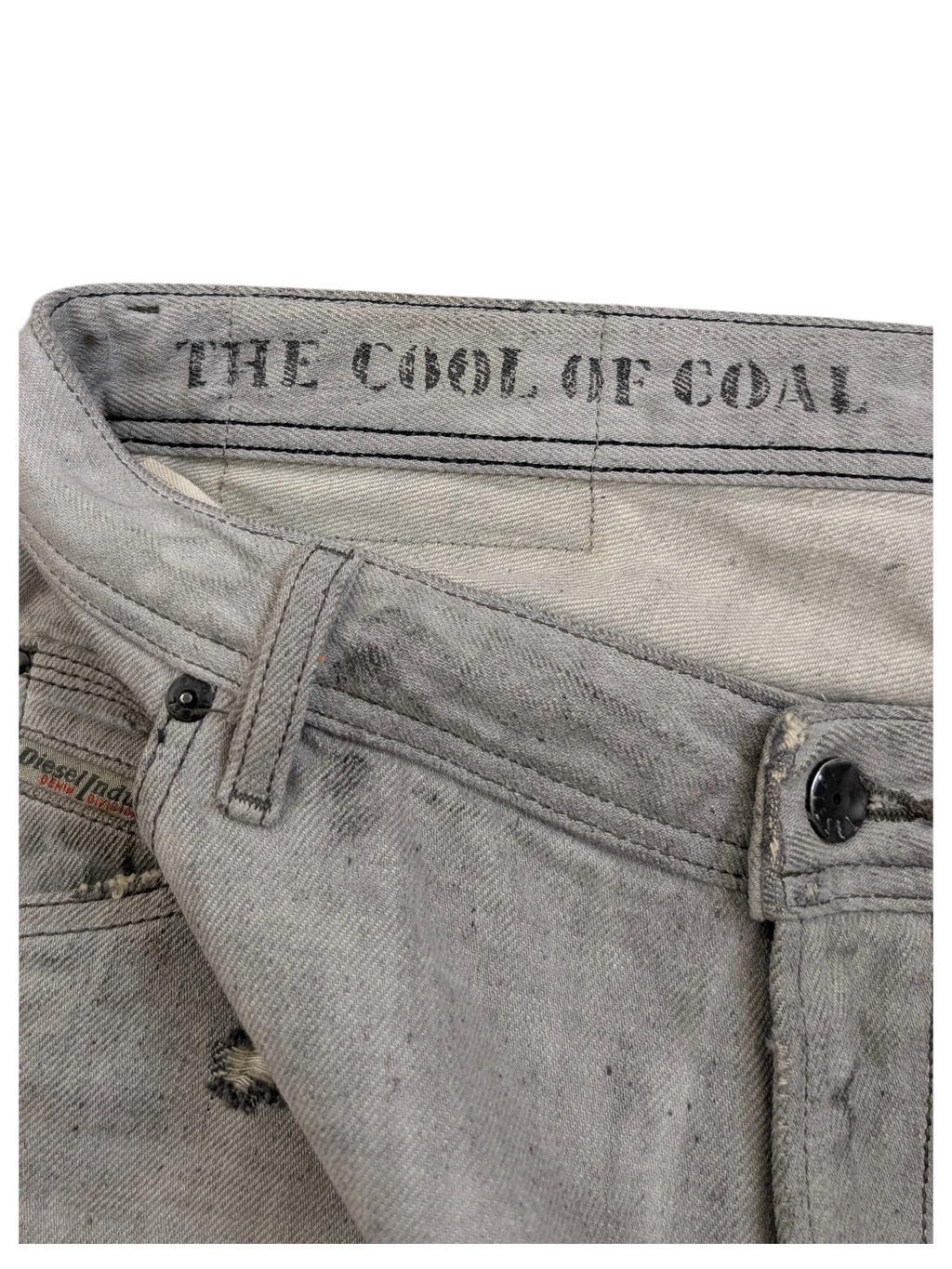 JAKE & IPI Diesel Krooley W34 L34 grey distressed denim jeans with "THE COOL OF COAL" print on waistband.