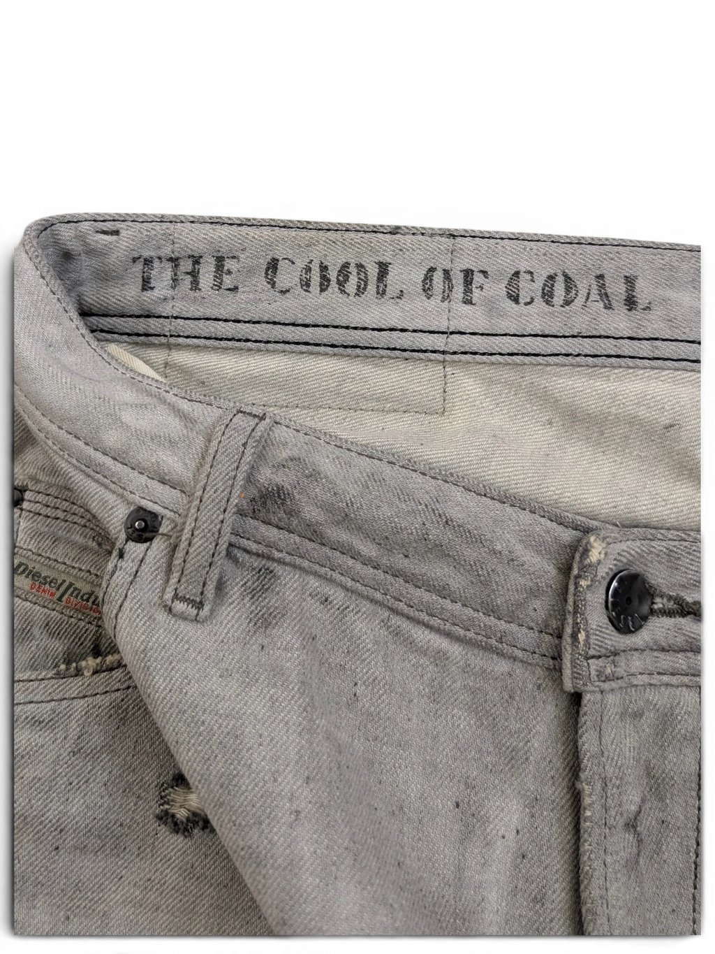 JAKE & IPI Diesel Krooley W34 L34 grey distressed denim jeans with "THE COOL OF COAL" print on waistband.